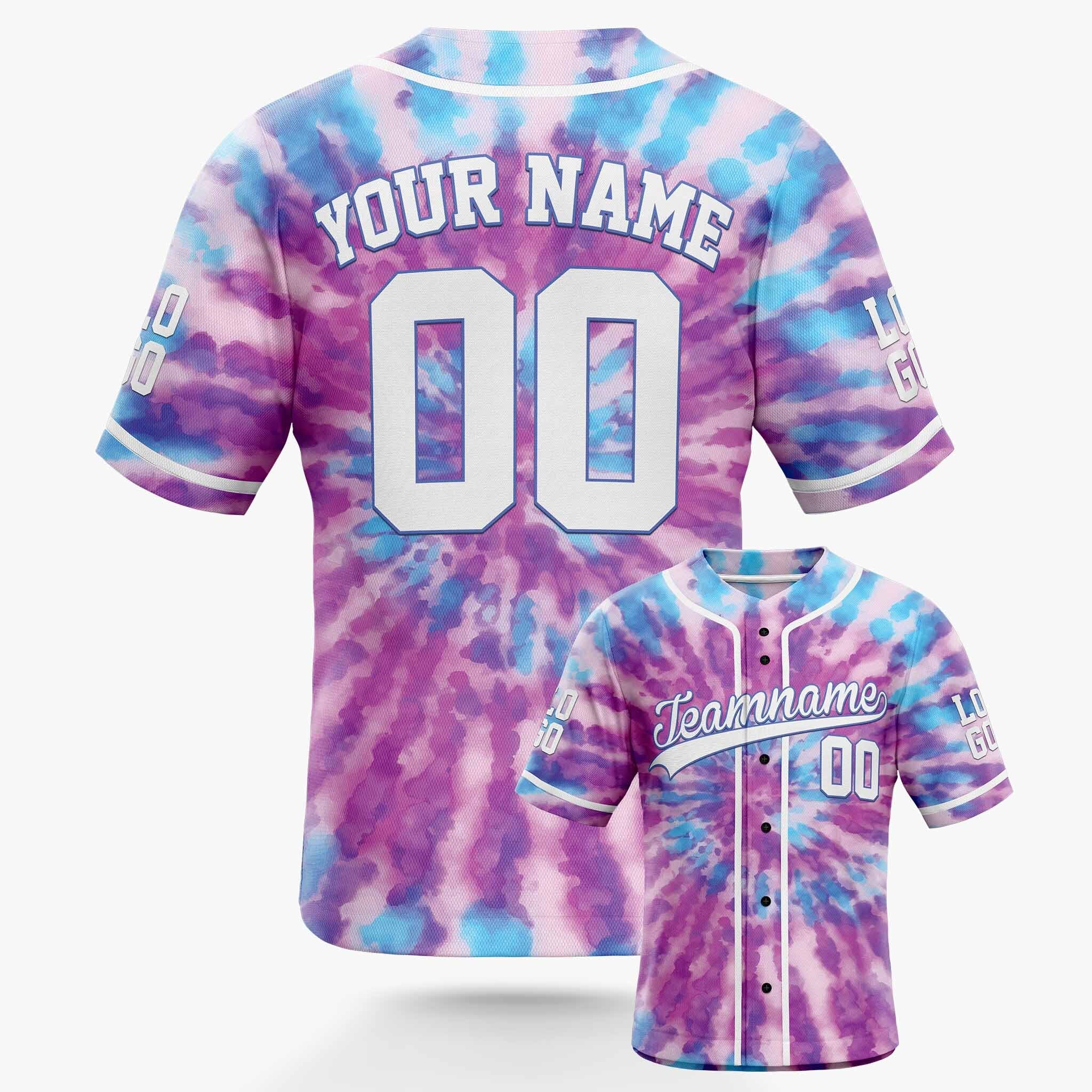 Custom Tie Dye Baseball Jersey Purple and Blue With White Piping - Design Your Own