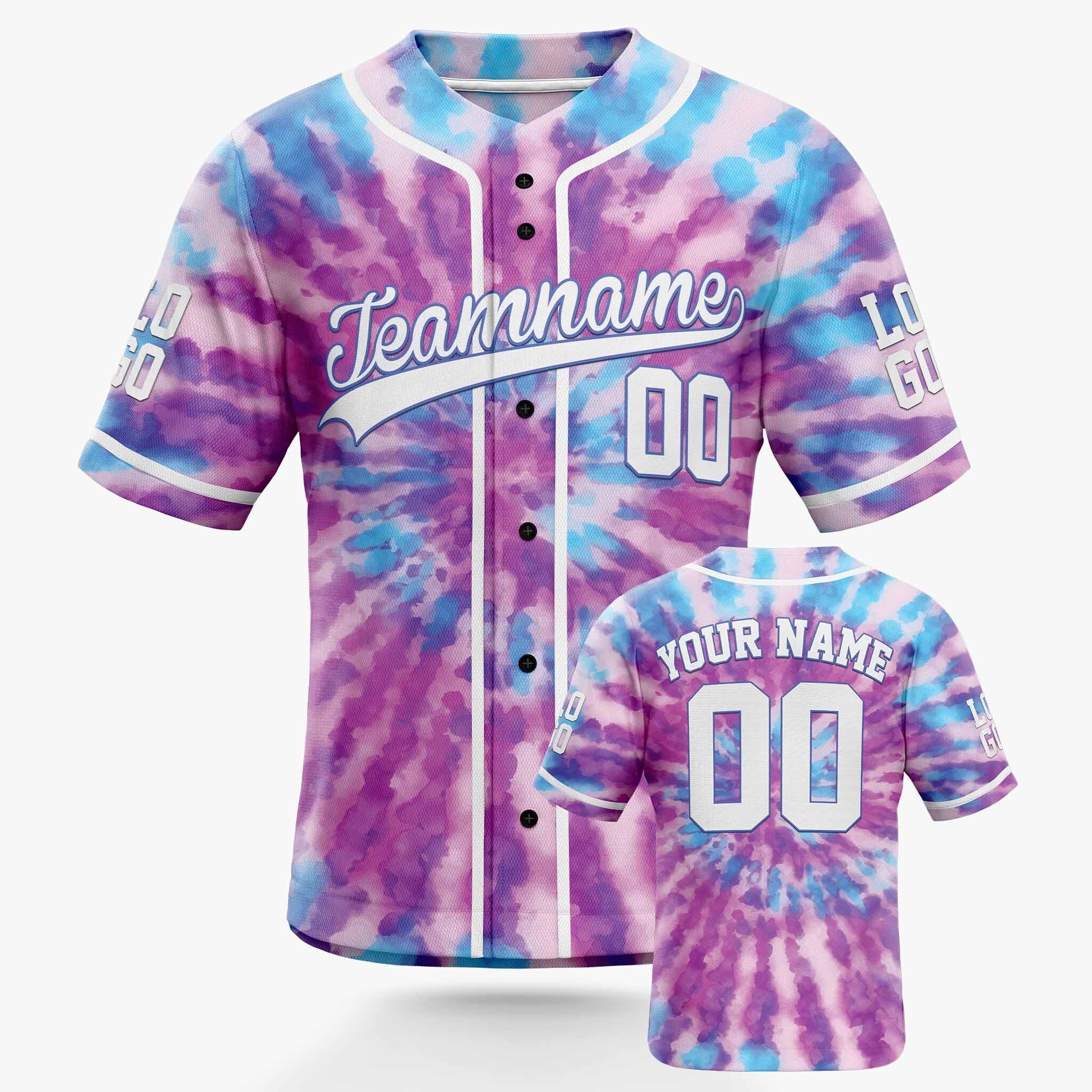 Custom Tie Dye Baseball Jersey Purple and Blue With White Piping - Design Your Own