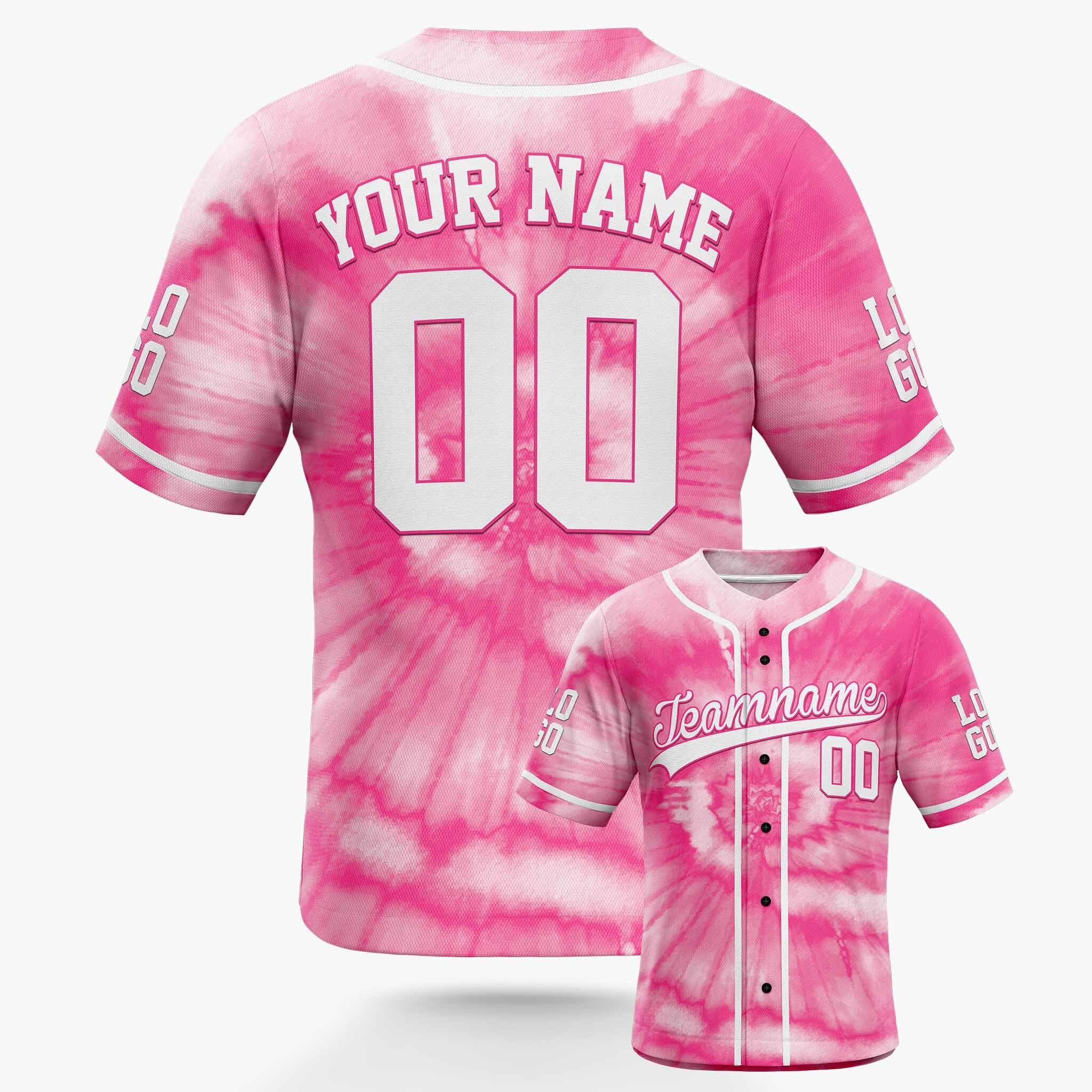 Custom Tie Dye Baseball Jersey Pink and White With Piping - Design Your Own Jersey