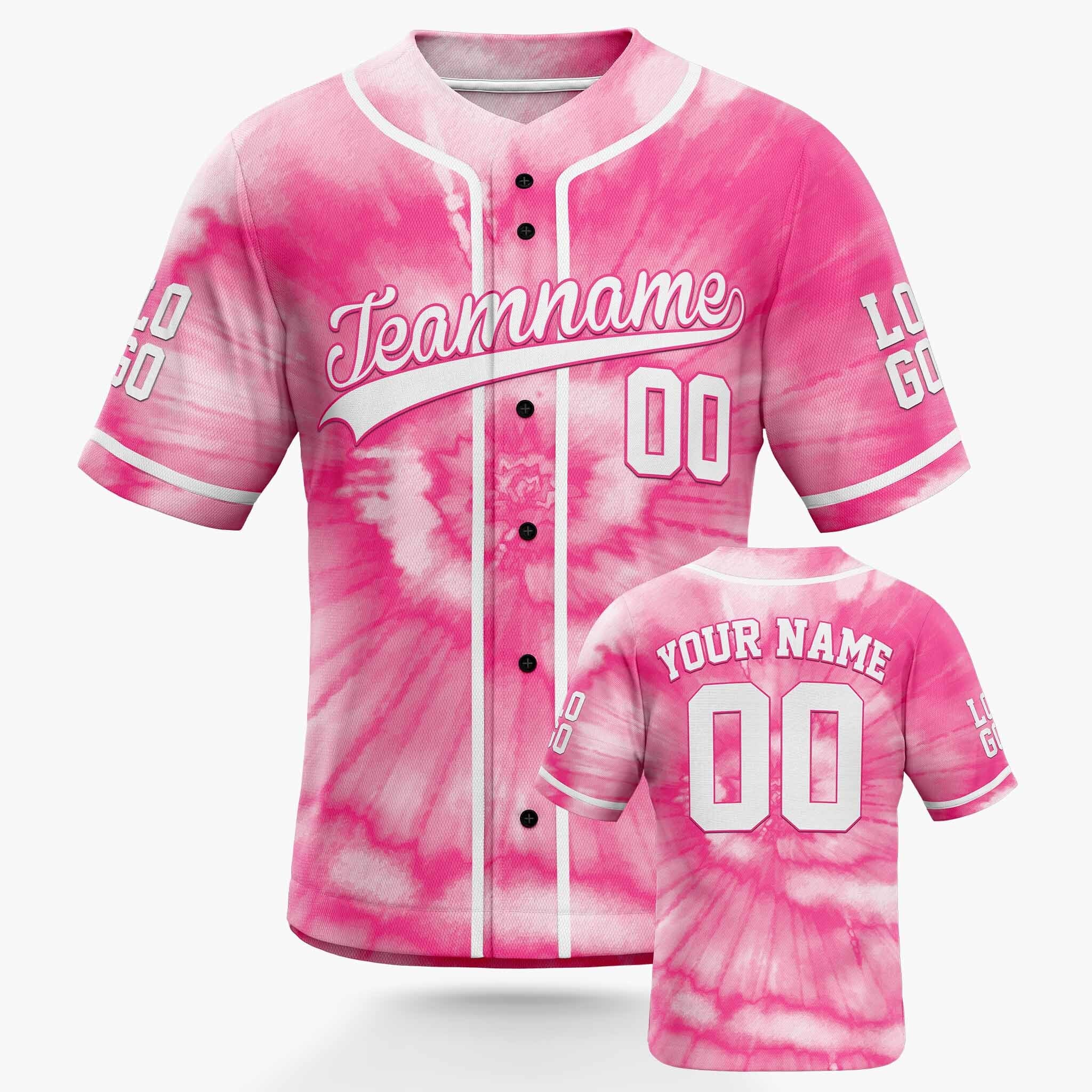 Custom Tie Dye Baseball Jersey Pink and White With Piping - Design Your Own Jersey
