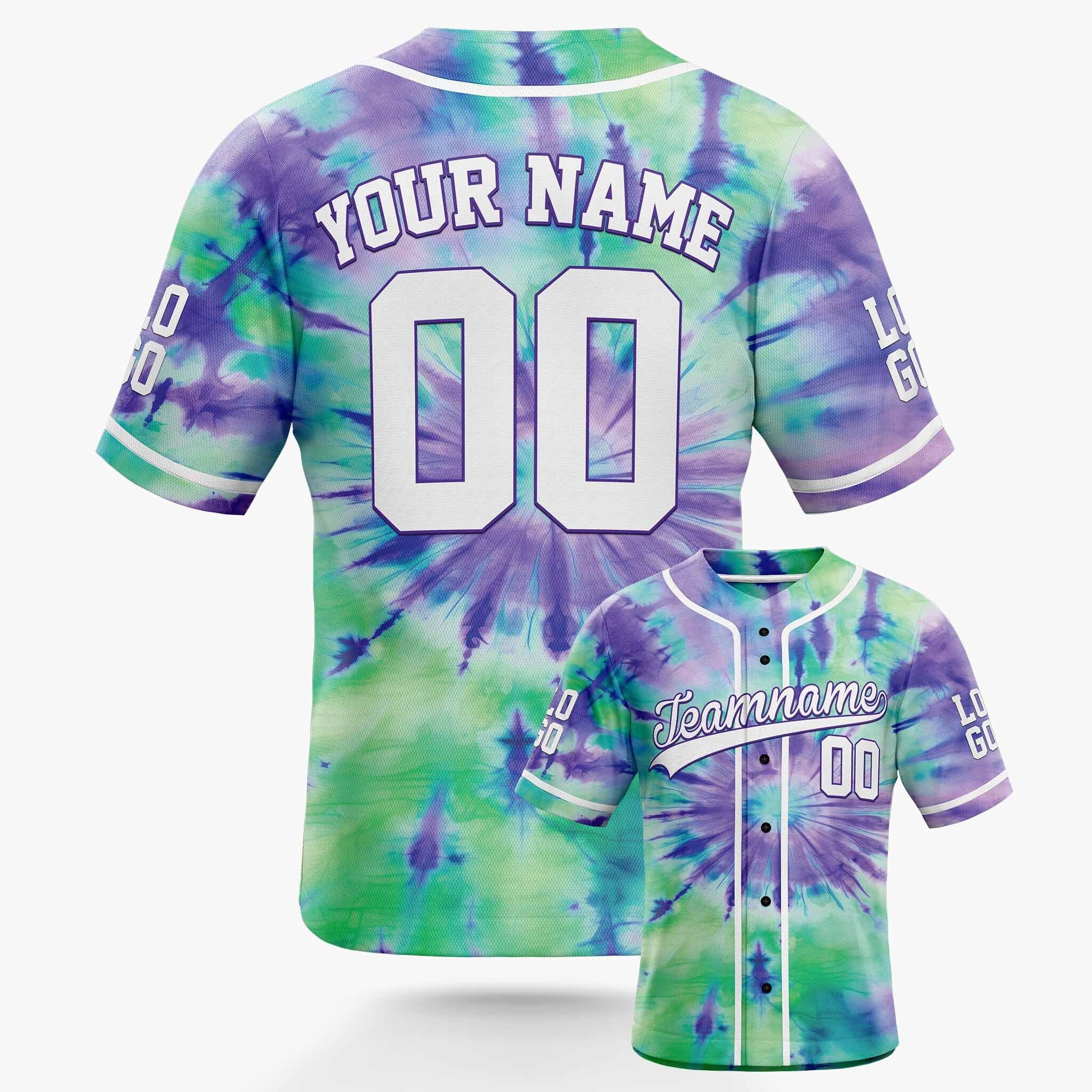 Custom Tie Dye Baseball Jersey Purple and Green With White Piping - Design Your Own