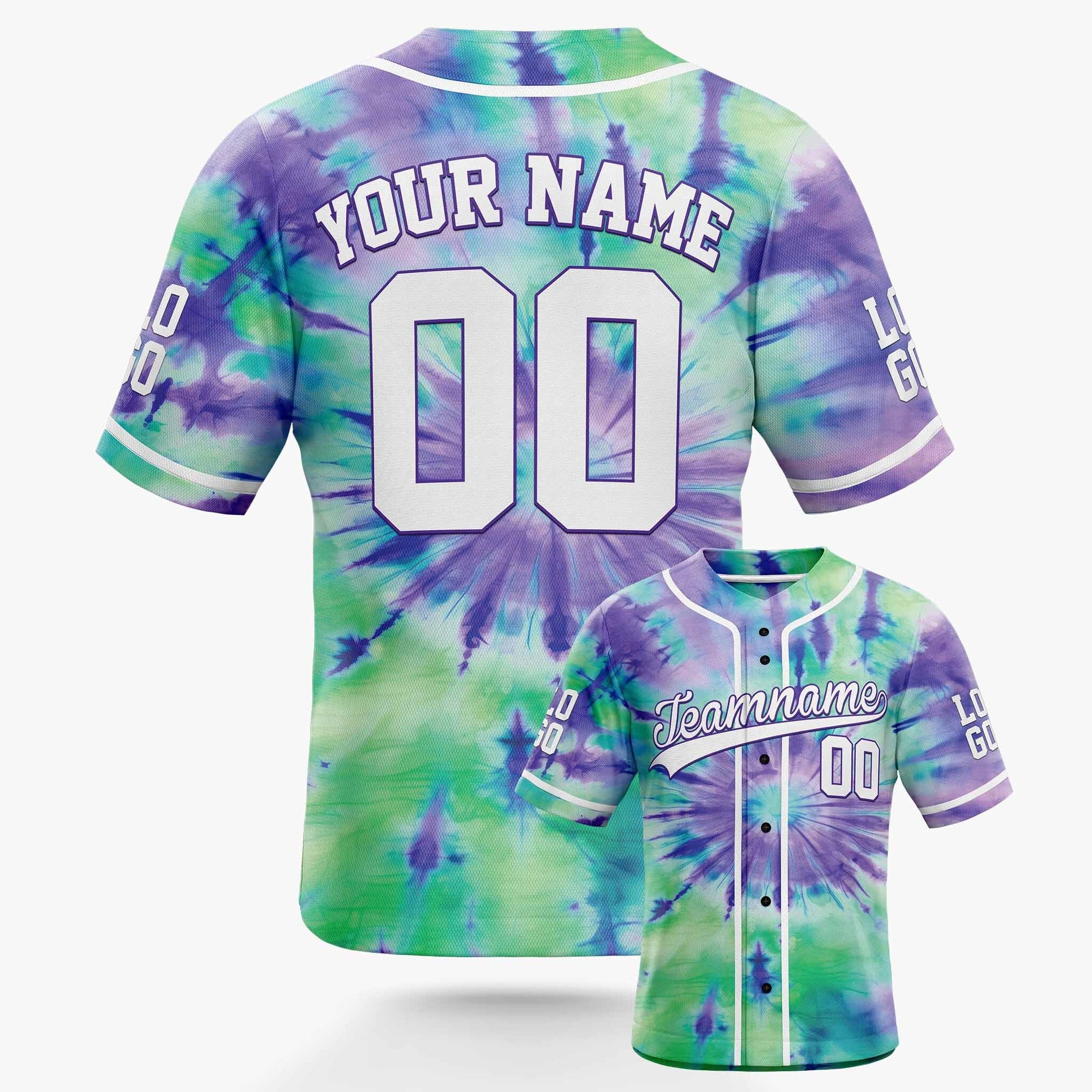 Custom Tie Dye Baseball Jersey Purple and Green With White Piping - Design Your Own