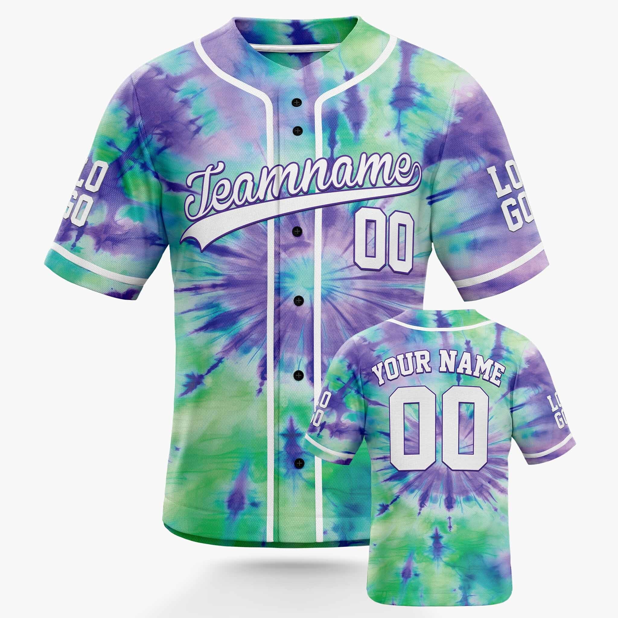 Custom Tie Dye Baseball Jersey Purple and Green With White Piping - Design Your Own