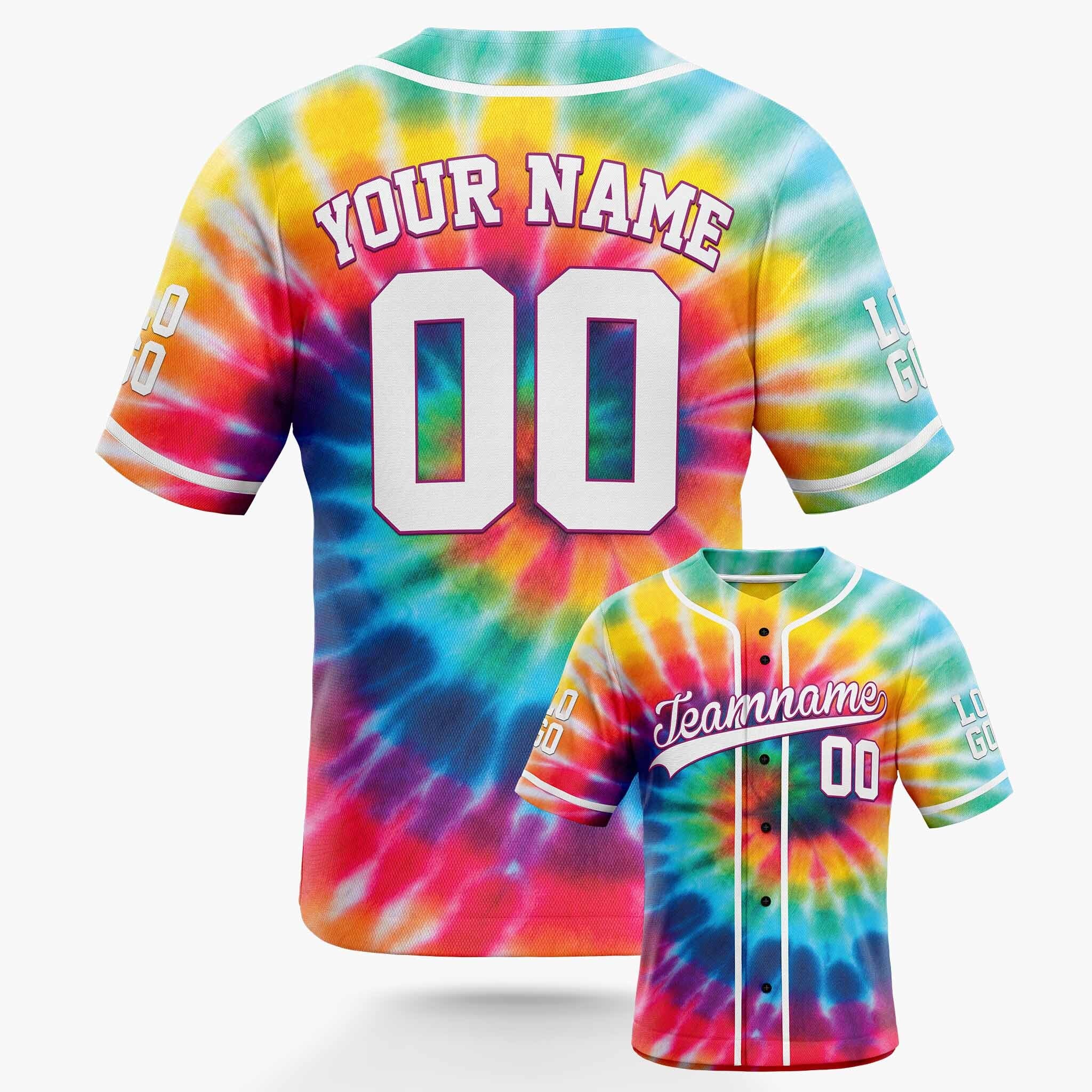 Custom Tie Dye Baseball Jersey Multicolor With White Piping - Design Your Own