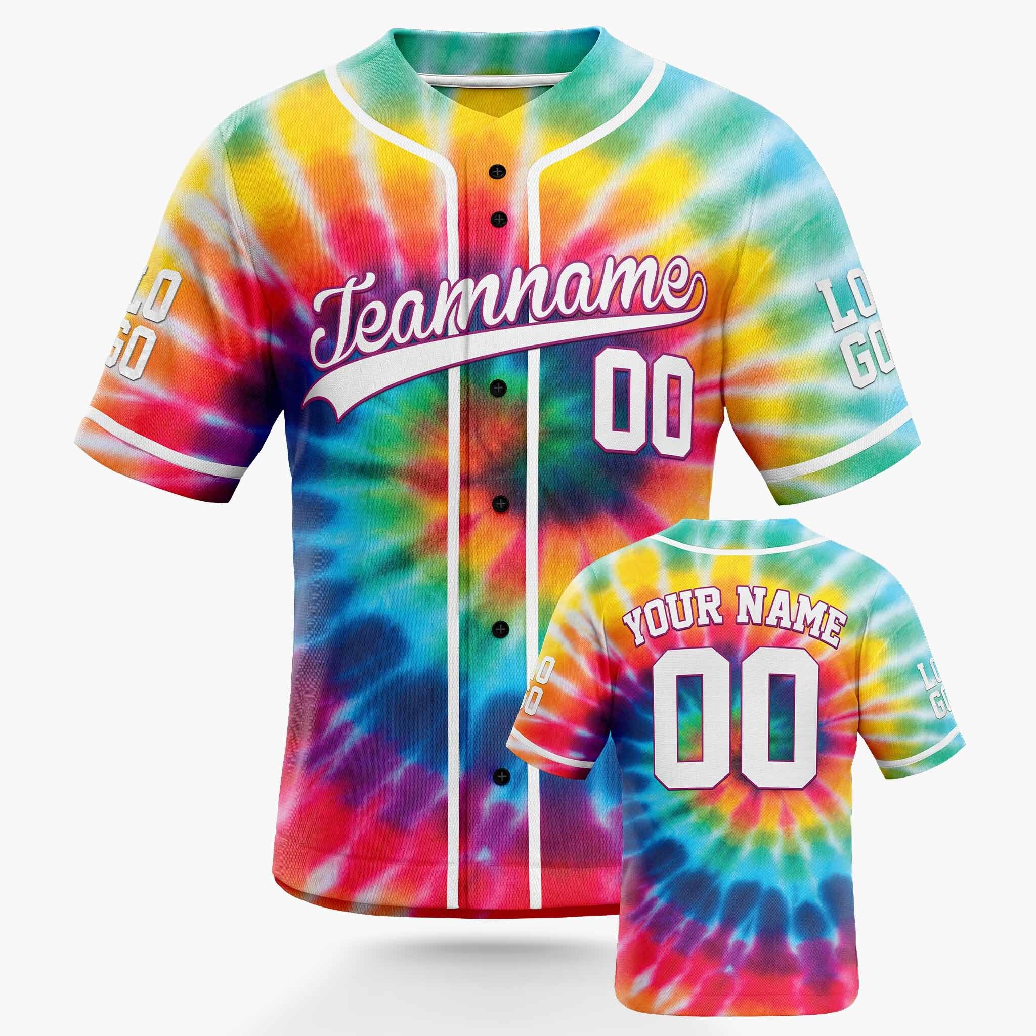 Custom Tie Dye Baseball Jersey Multicolor With White Piping - Design Your Own