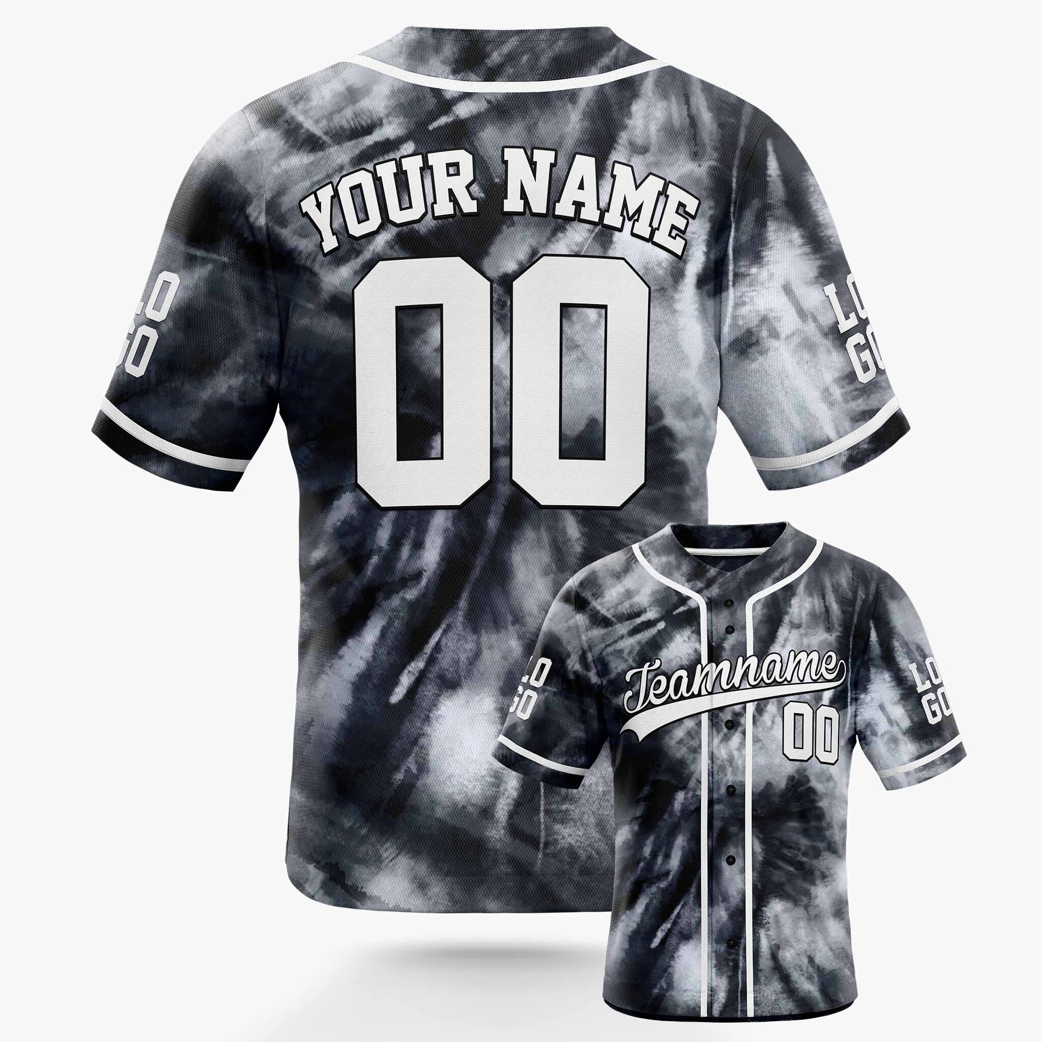 Custom Tie Dye Baseball Jersey Black and White With Piping - Design Your Own