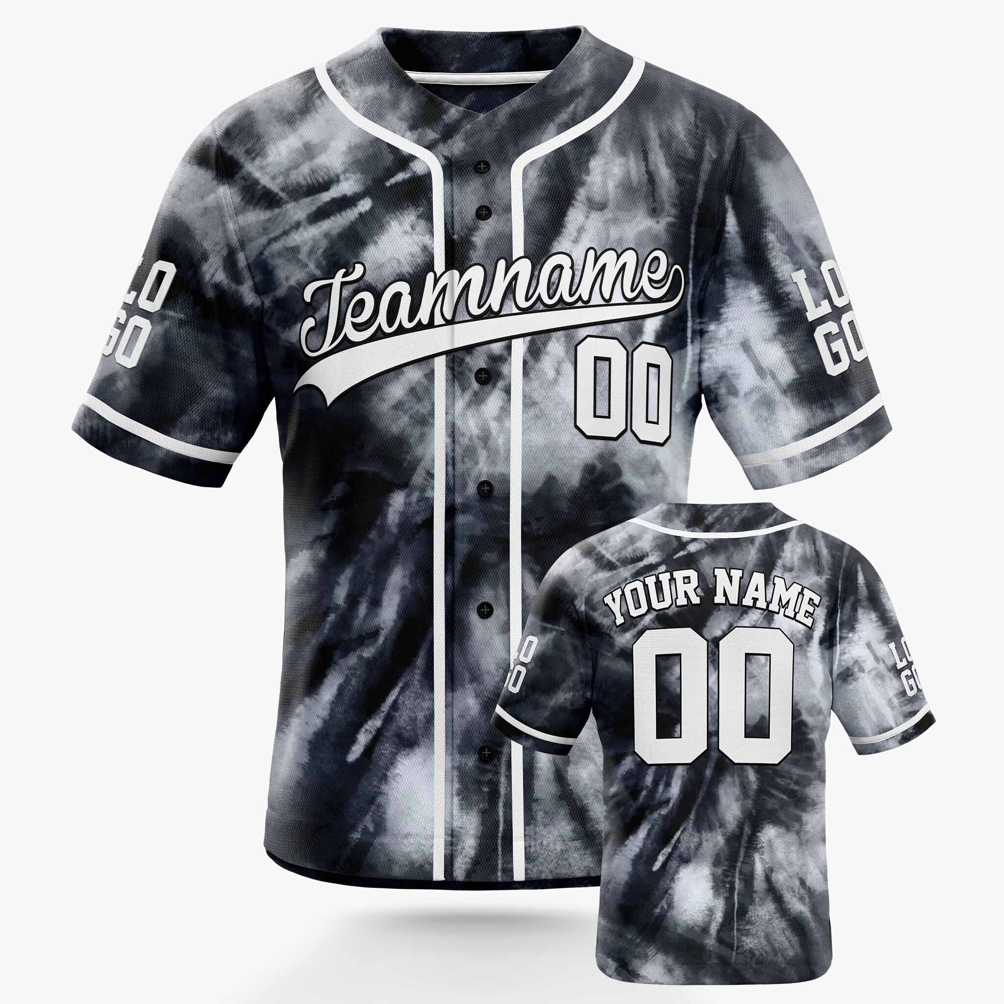 Custom Tie Dye Baseball Jersey Black and White With Piping - Design Your Own