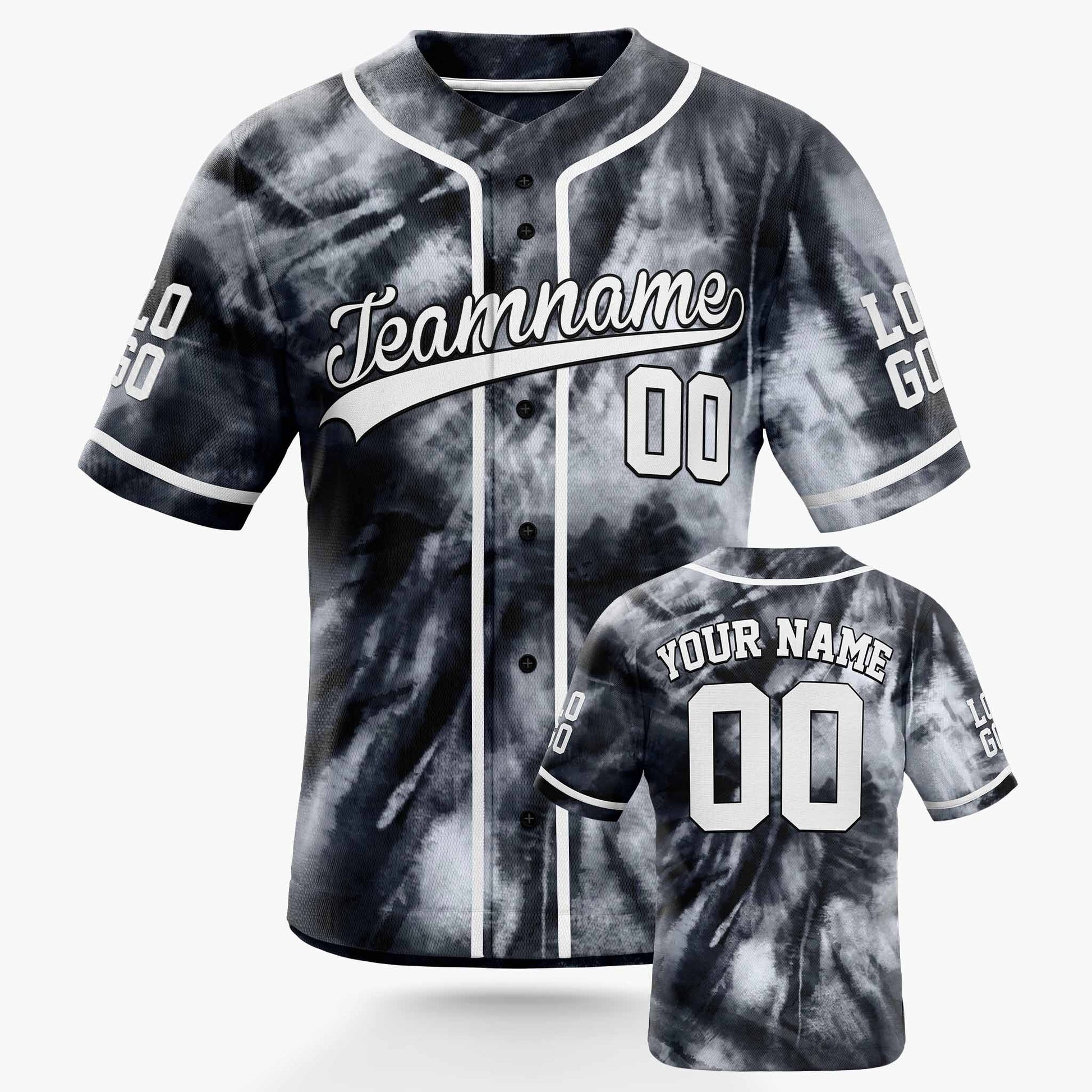Custom Tie Dye Baseball Jersey Black and White With Piping - Design Your Own