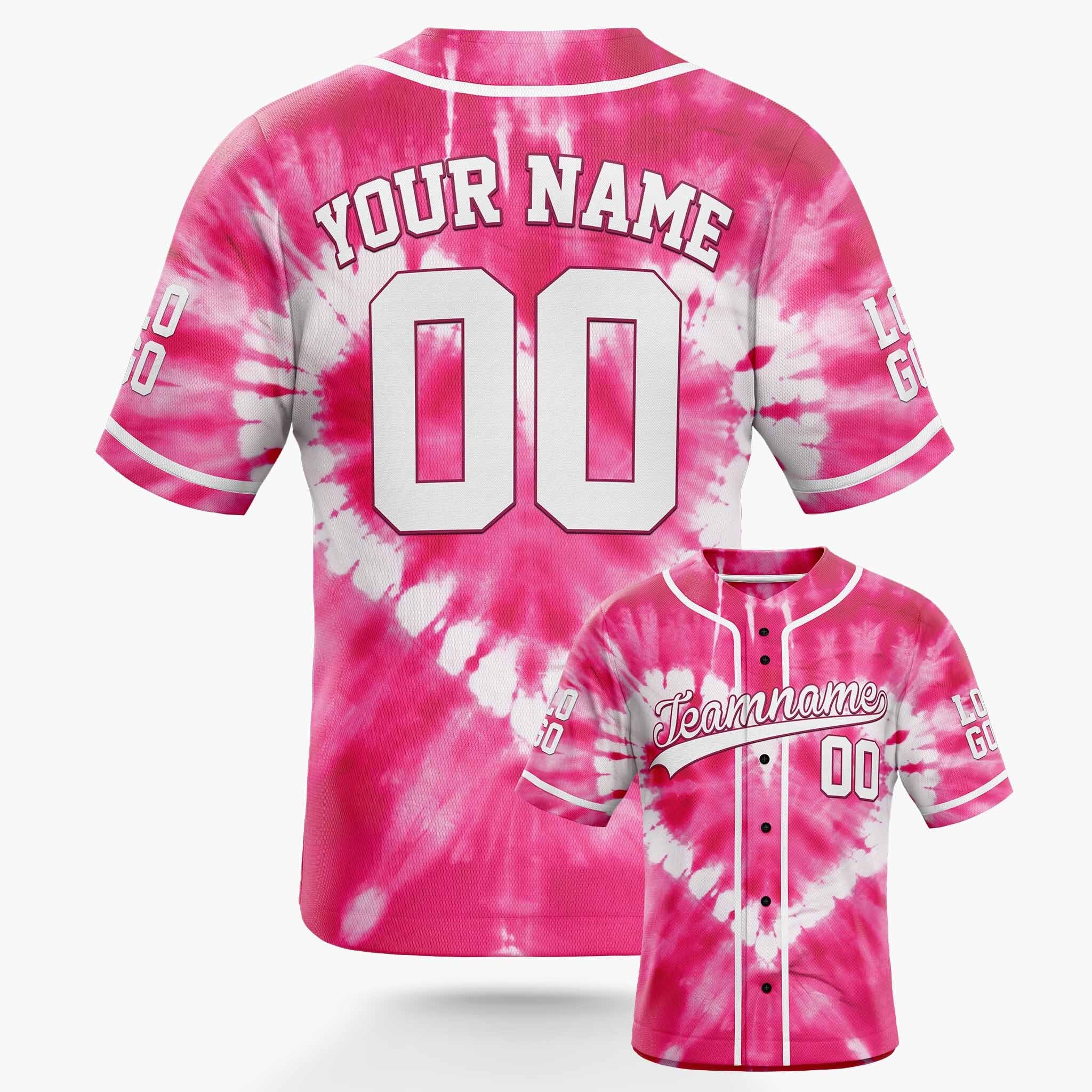 Custom Tie Dye Baseball Jersey White and Pink With Piping - Design Your Own