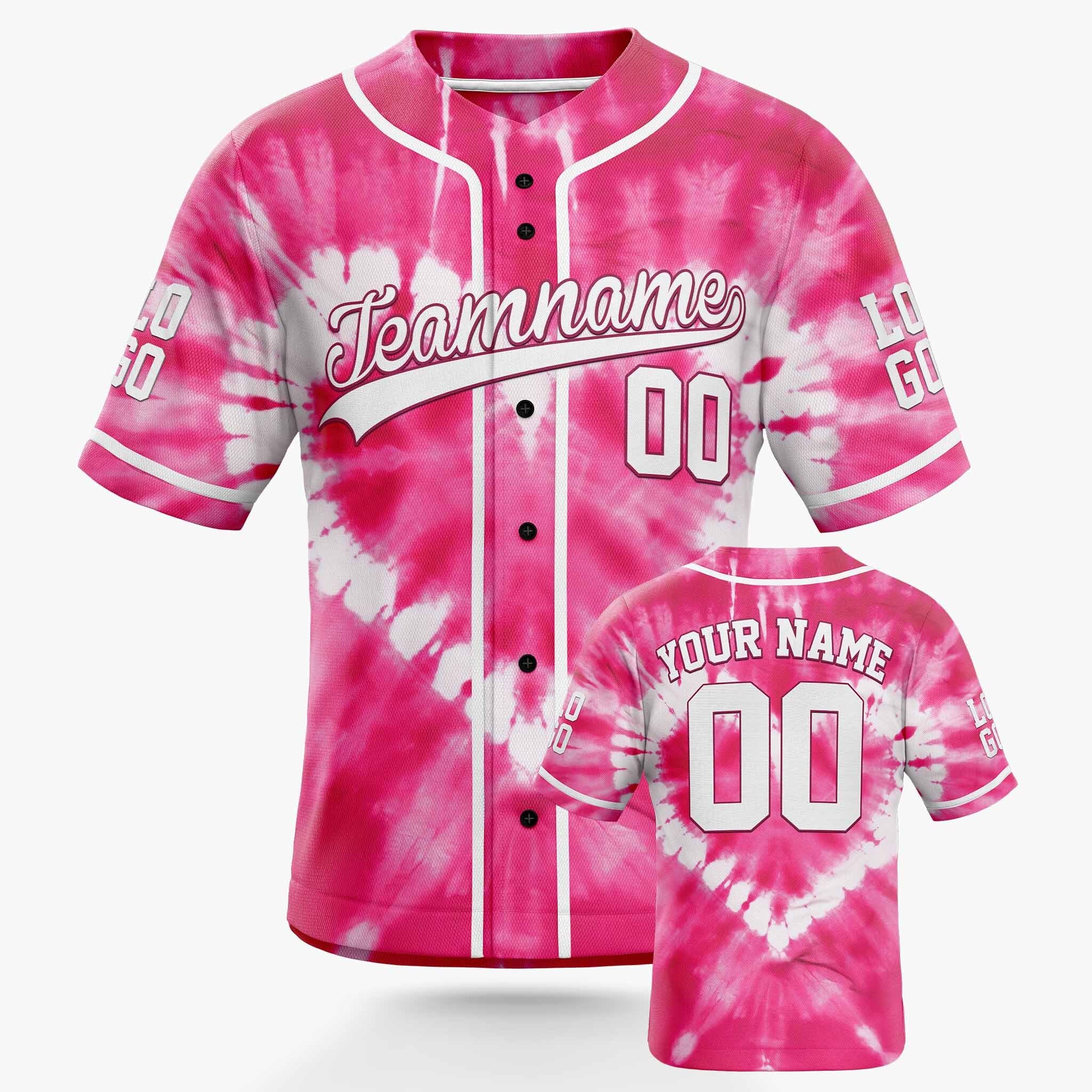 Custom Tie Dye Baseball Jersey White and Pink With Piping - Design Your Own
