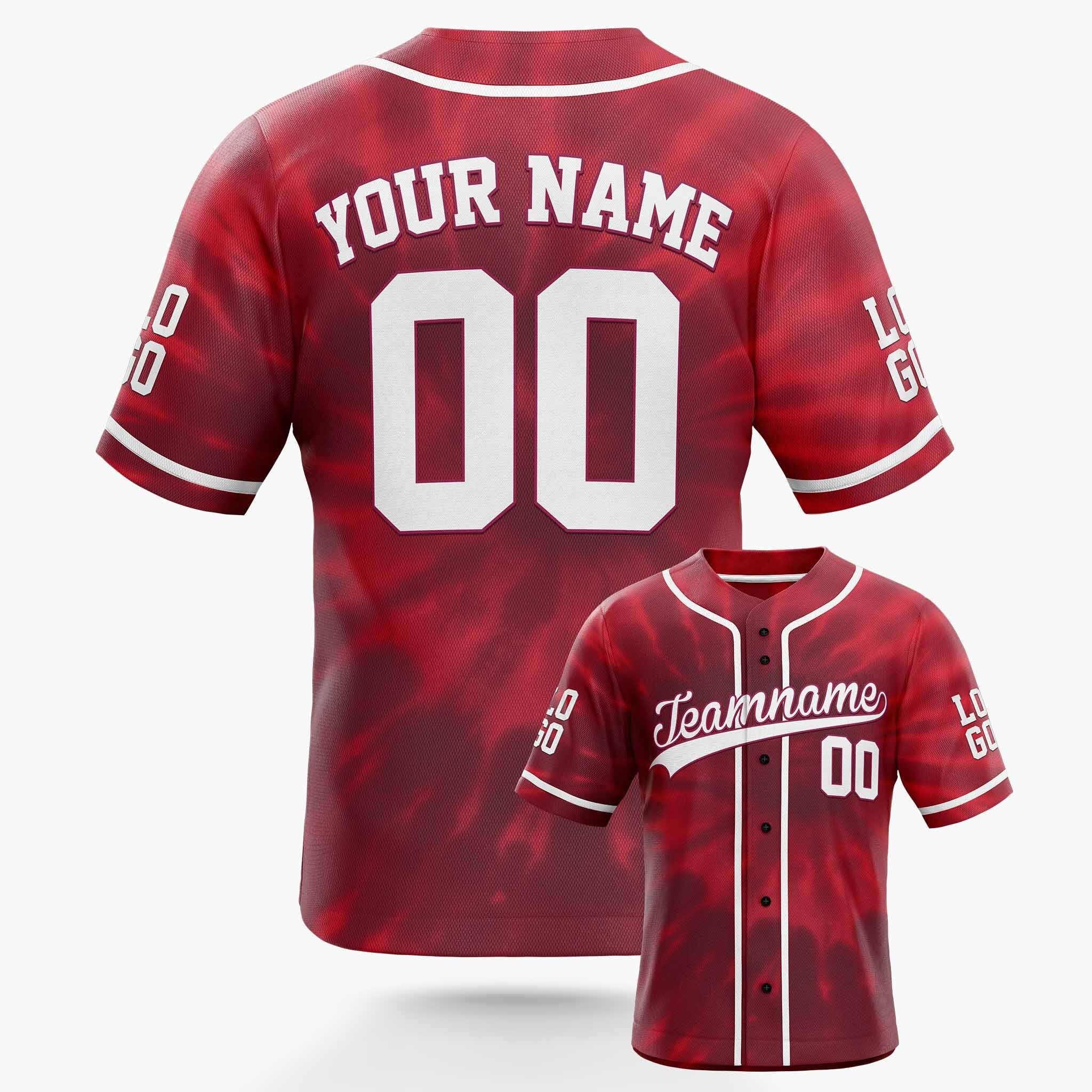 Custom Tie Dye Baseball Jersey Red and White With Piping - Design Your Own