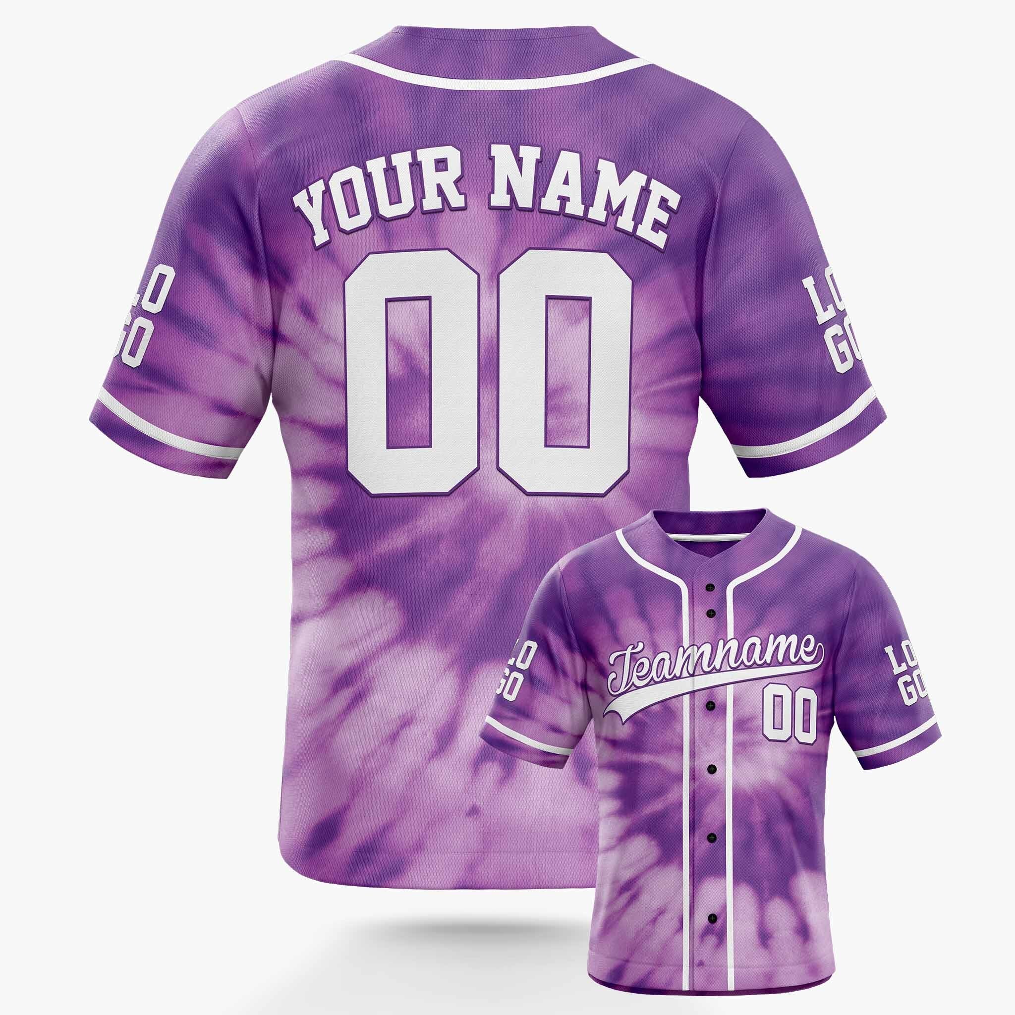 Custom Tie Dye Baseball Jersey Purple and White With Piping - Design Your Own
