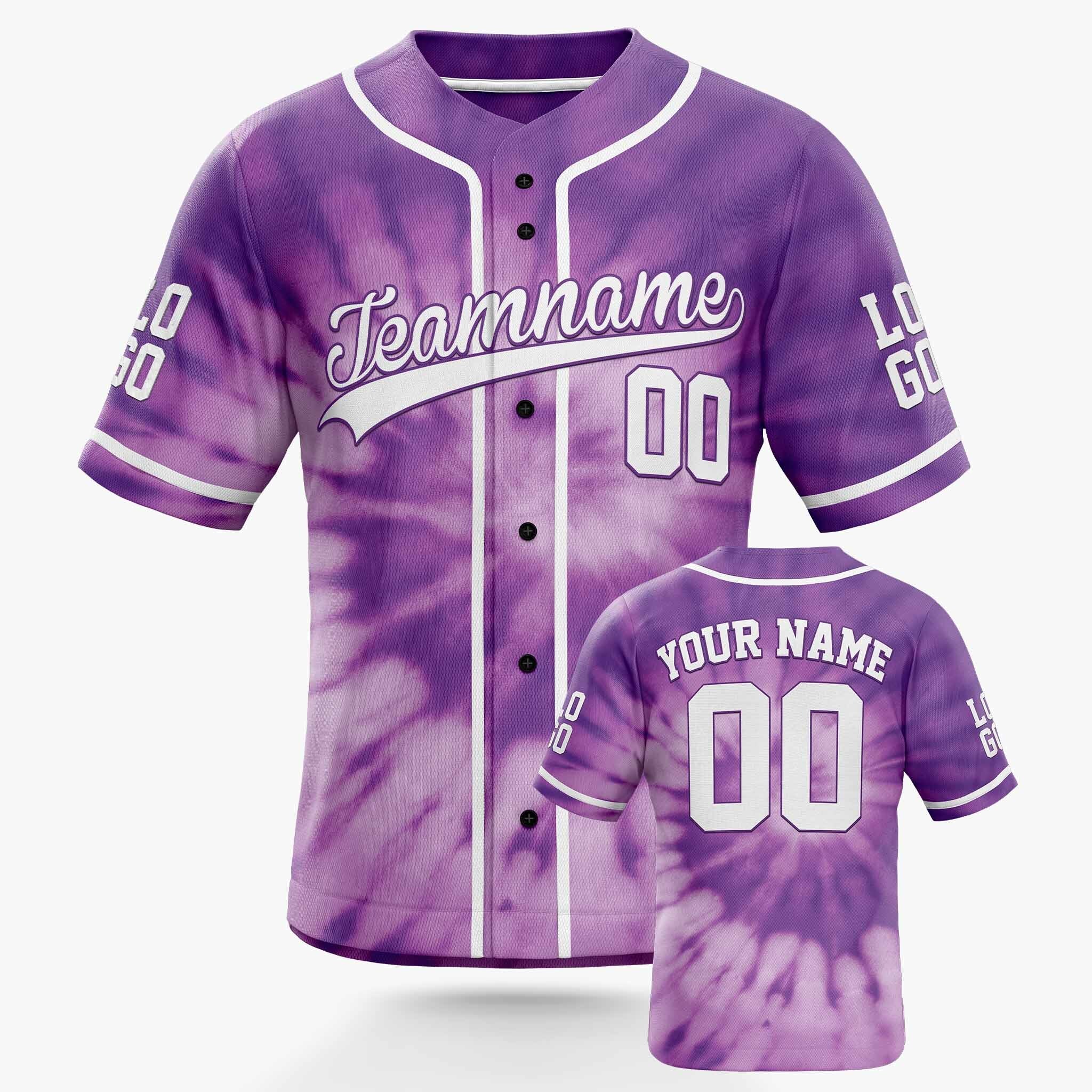 Custom Tie Dye Baseball Jersey Purple and White With Piping - Design Your Own