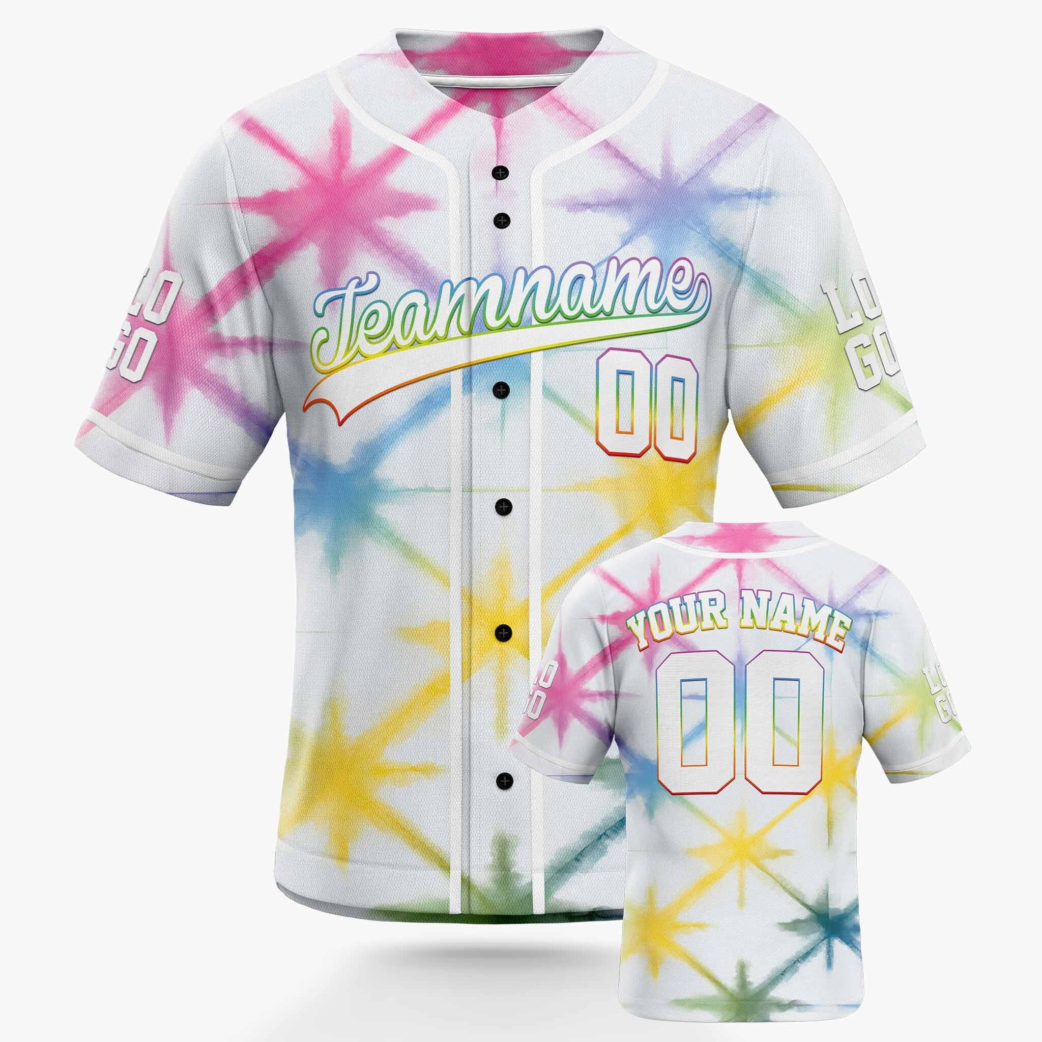 Custom Tie Dye Baseball Jersey White and Multicolor With Piping - Design Your Own