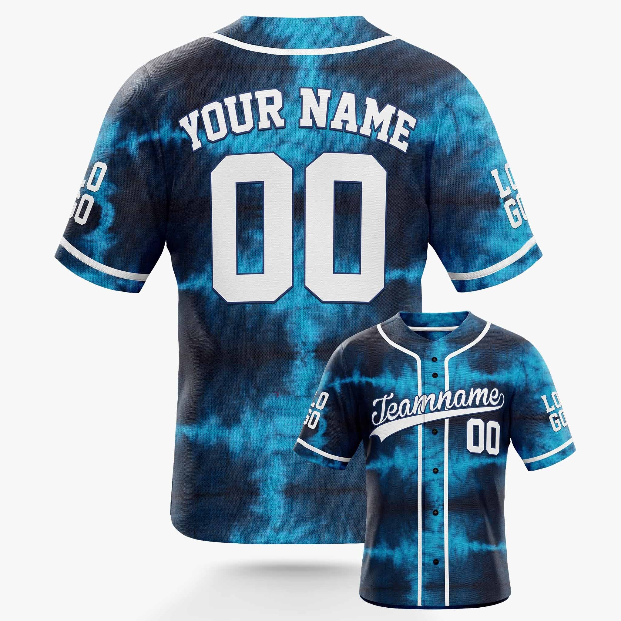 Custom Tie Dye Baseball Jersey Blue and White With Piping - Design Your Own