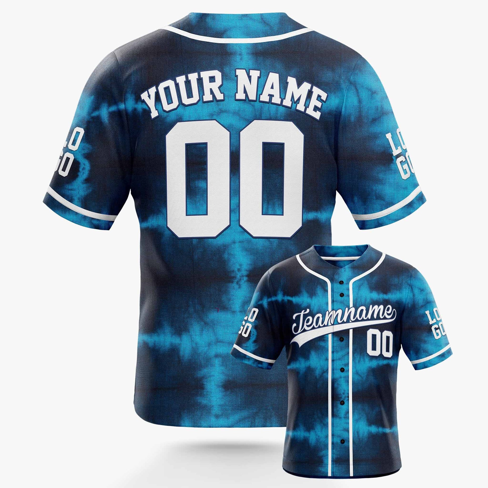 Custom Tie Dye Baseball Jersey Blue and White With Piping - Design Your Own