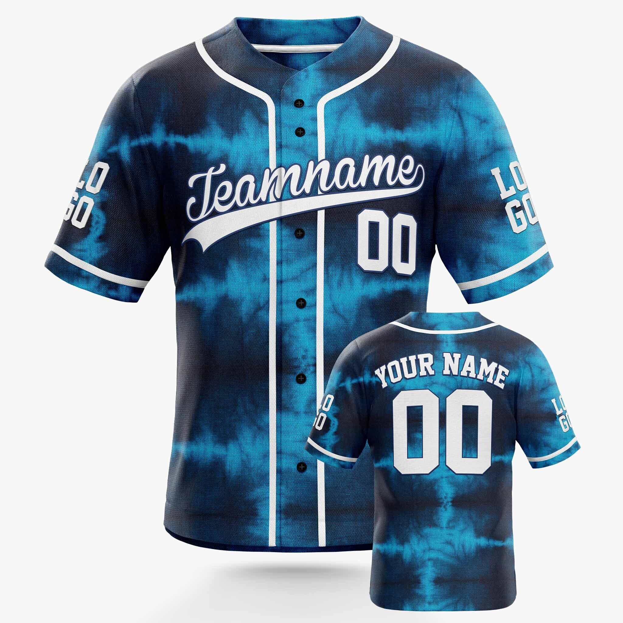 Custom Tie Dye Baseball Jersey Blue and White With Piping - Design Your Own