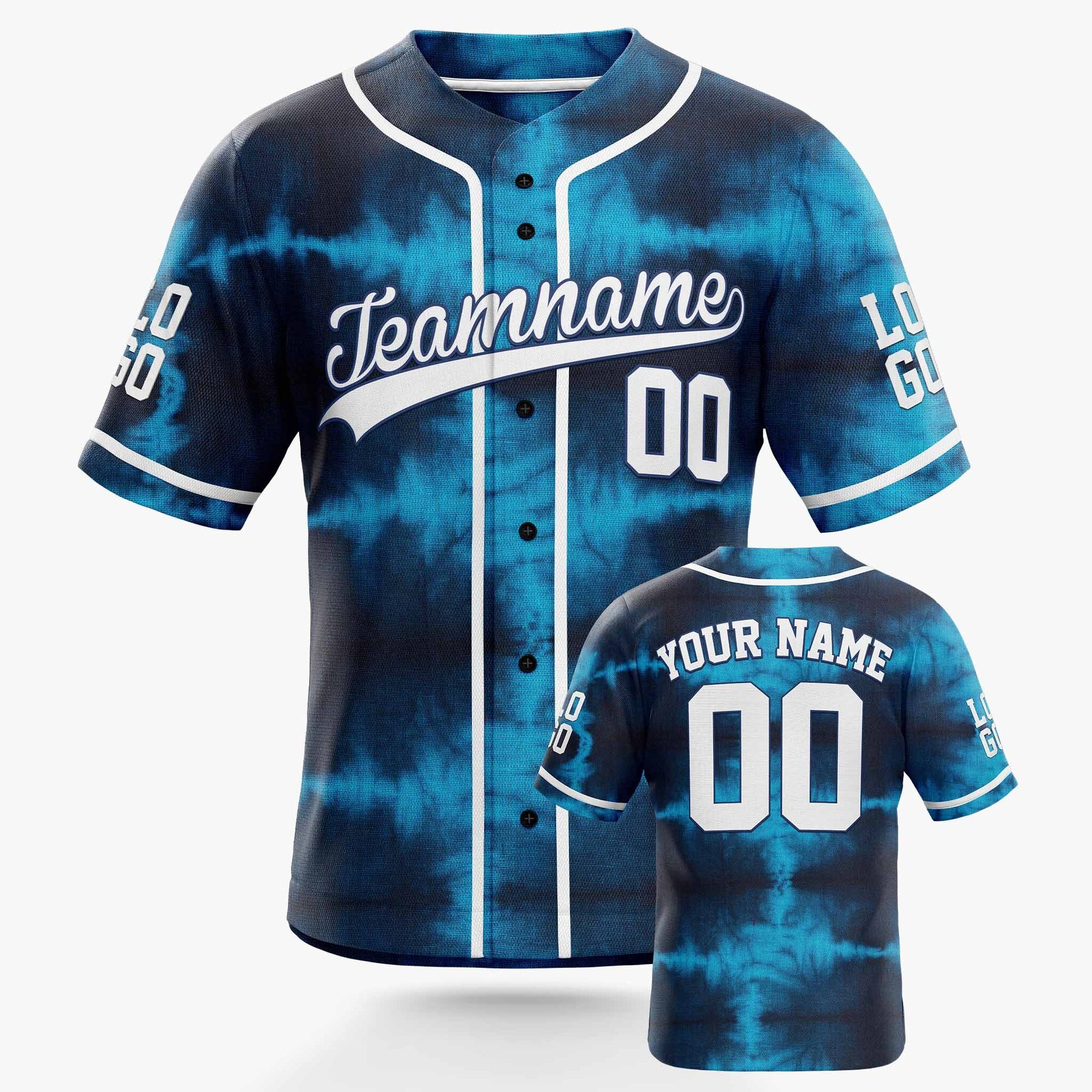 Custom Tie Dye Baseball Jersey Blue and White With Piping - Design Your Own