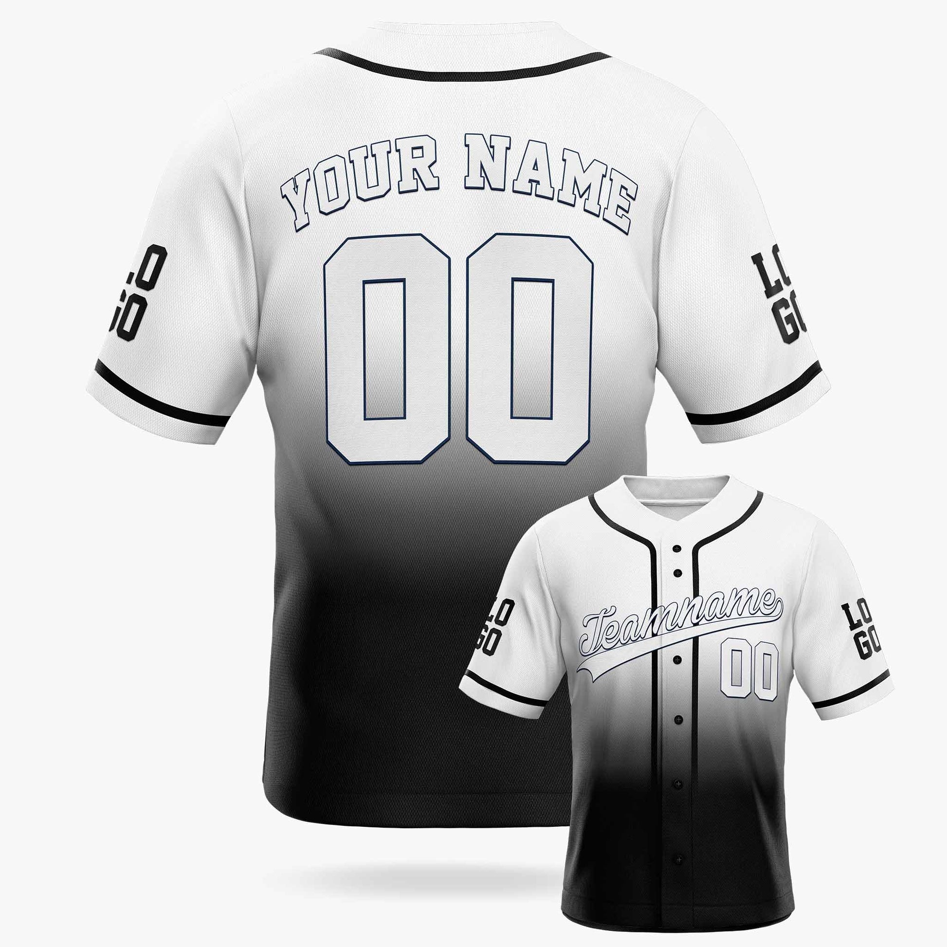 Custom Gradient Baseball Jersey White and Black With Piping - Design Your Own