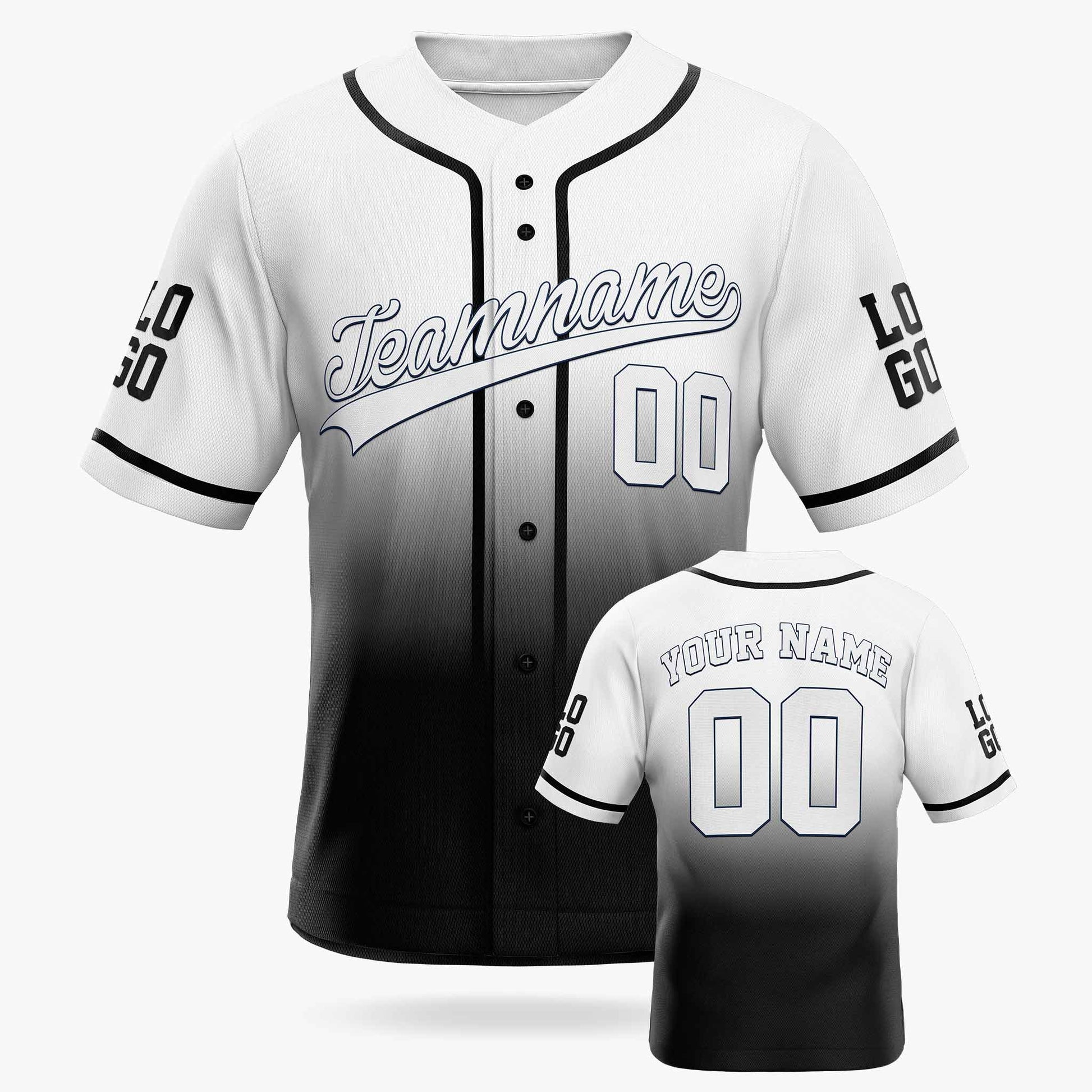Custom Gradient Baseball Jersey White and Black With Piping - Design Your Own