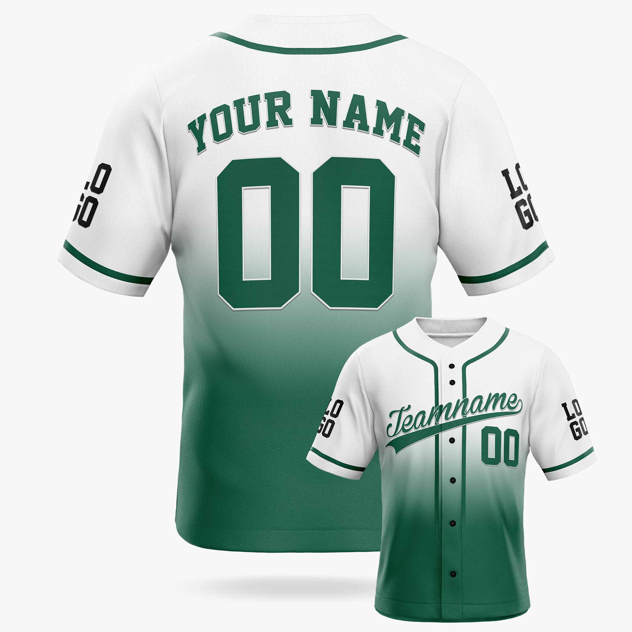 Custom Gradient Baseball Jersey White and Green With Piping - Design Your Own