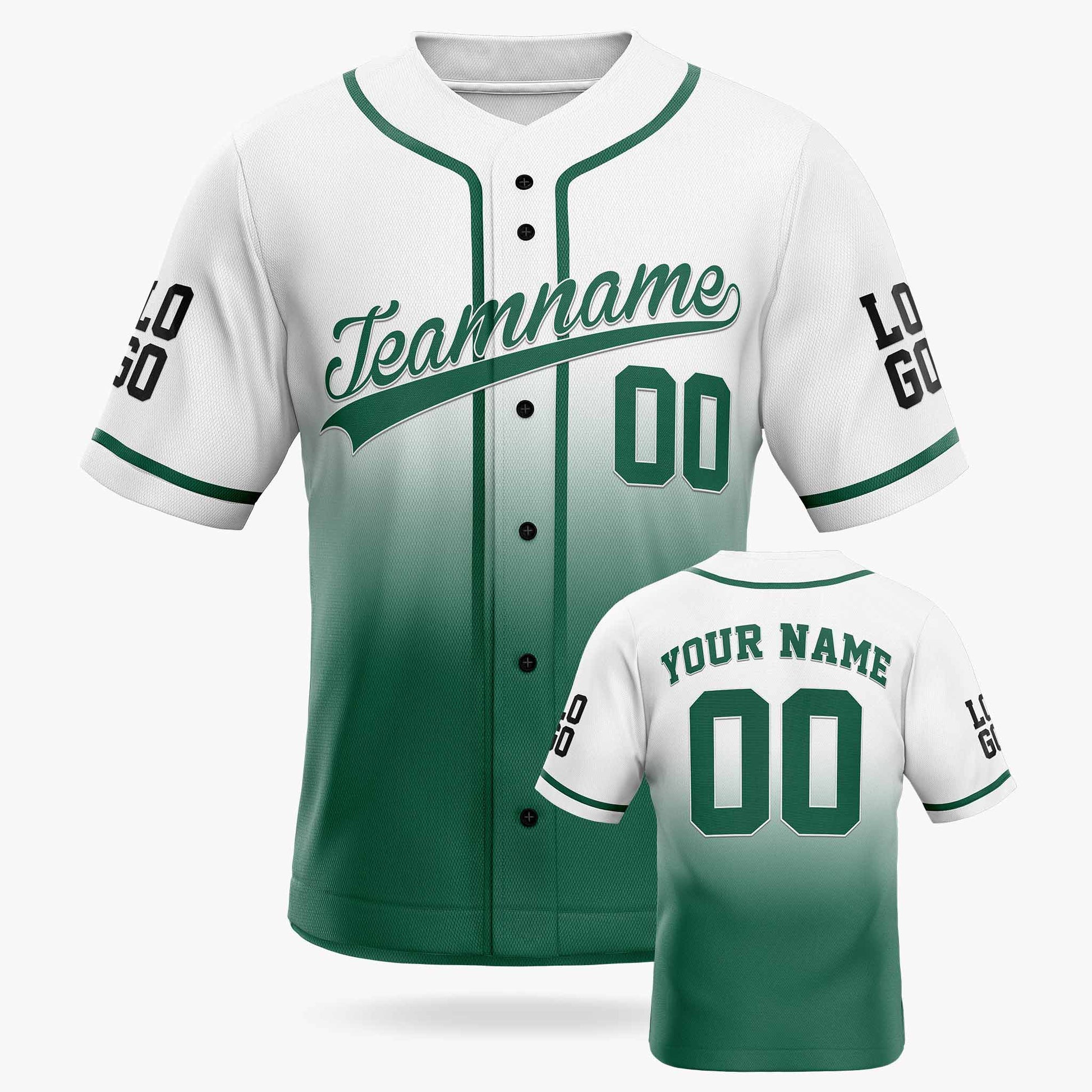 Custom Gradient Baseball Jersey White and Green With Piping - Design Your Own
