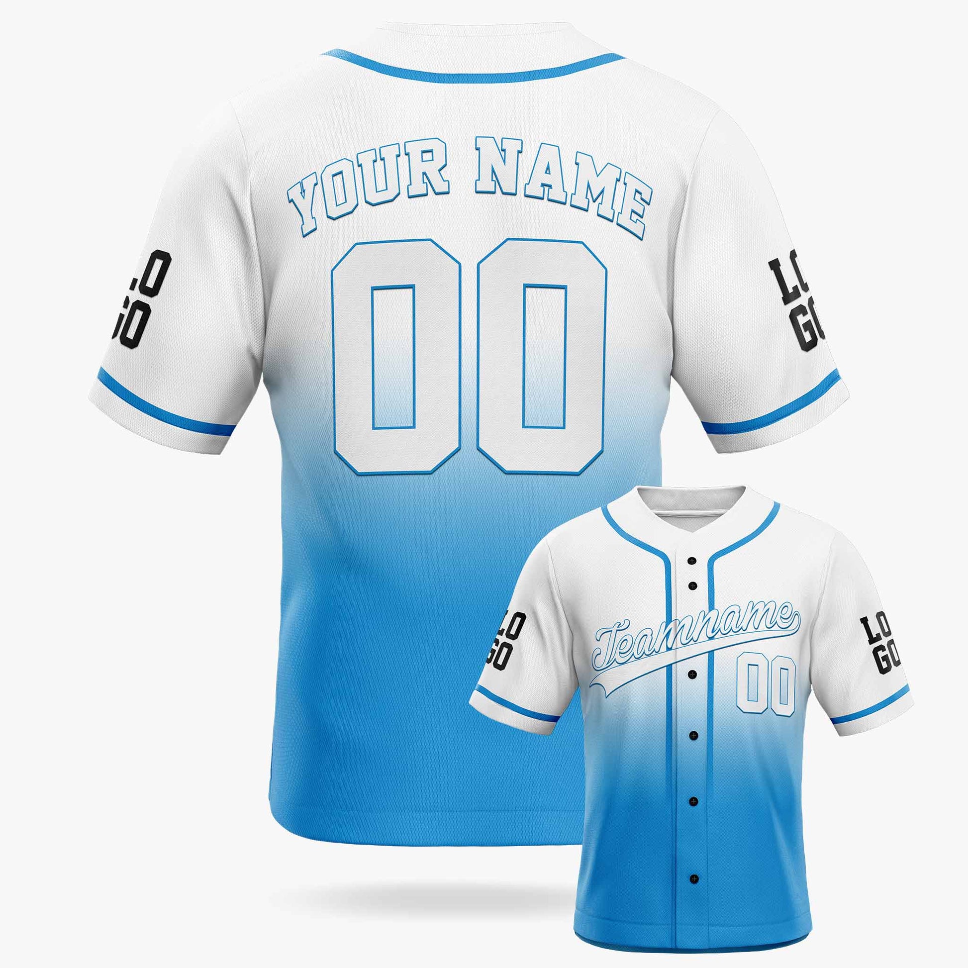 Custom Gradient Baseball Jersey White and Light Blue With Piping - Design Your Own