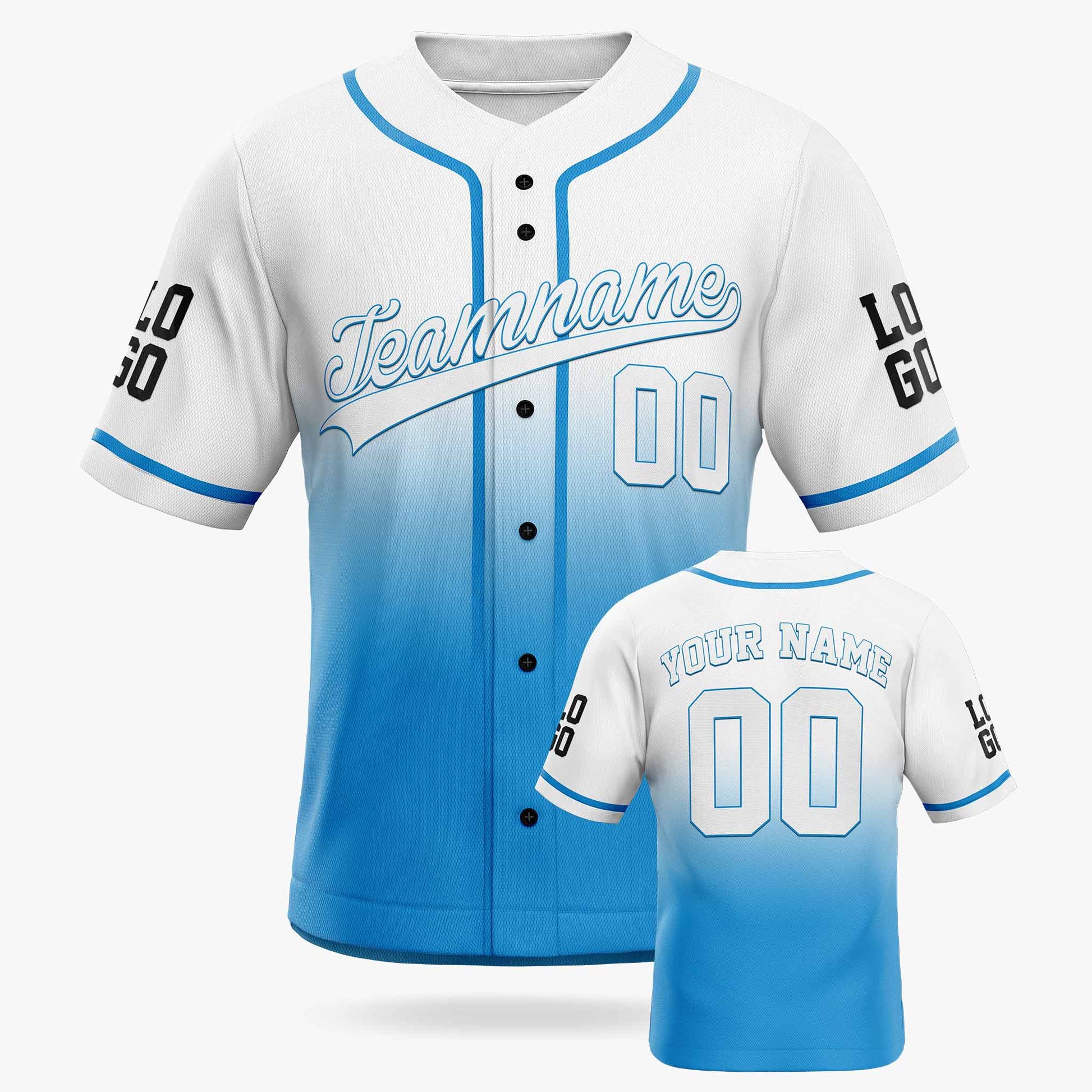 Custom Gradient Baseball Jersey White and Light Blue With Piping - Design Your Own