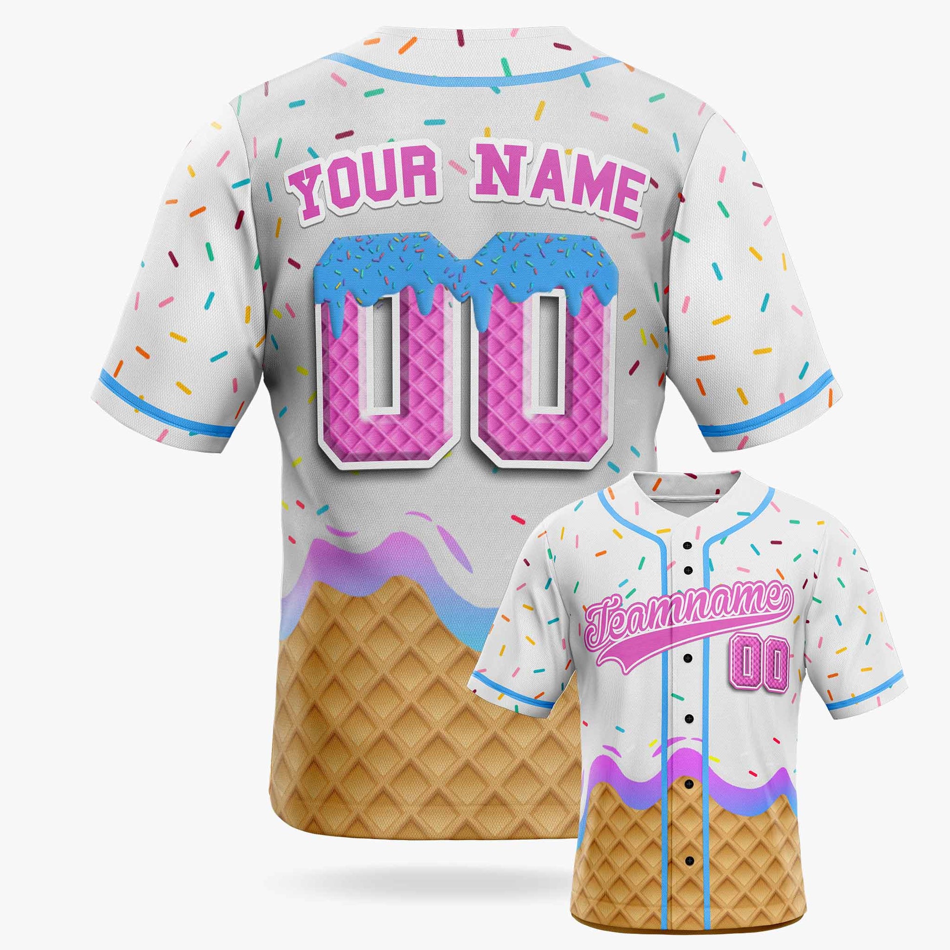 Custom Ice Cream Baseball Jersey Gradient White and Pink with Blue Piping - Design Your Own