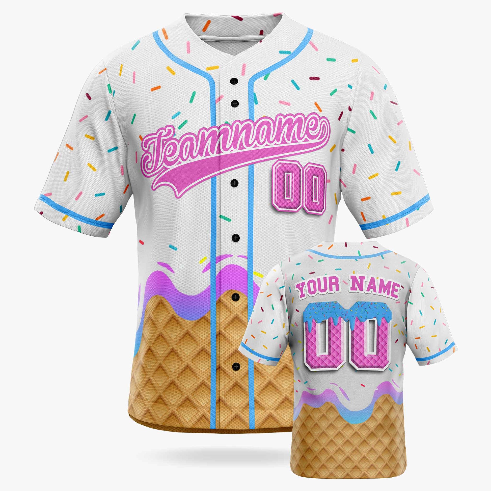 Custom Ice Cream Baseball Jersey Gradient White and Pink with Blue Piping - Design Your Own