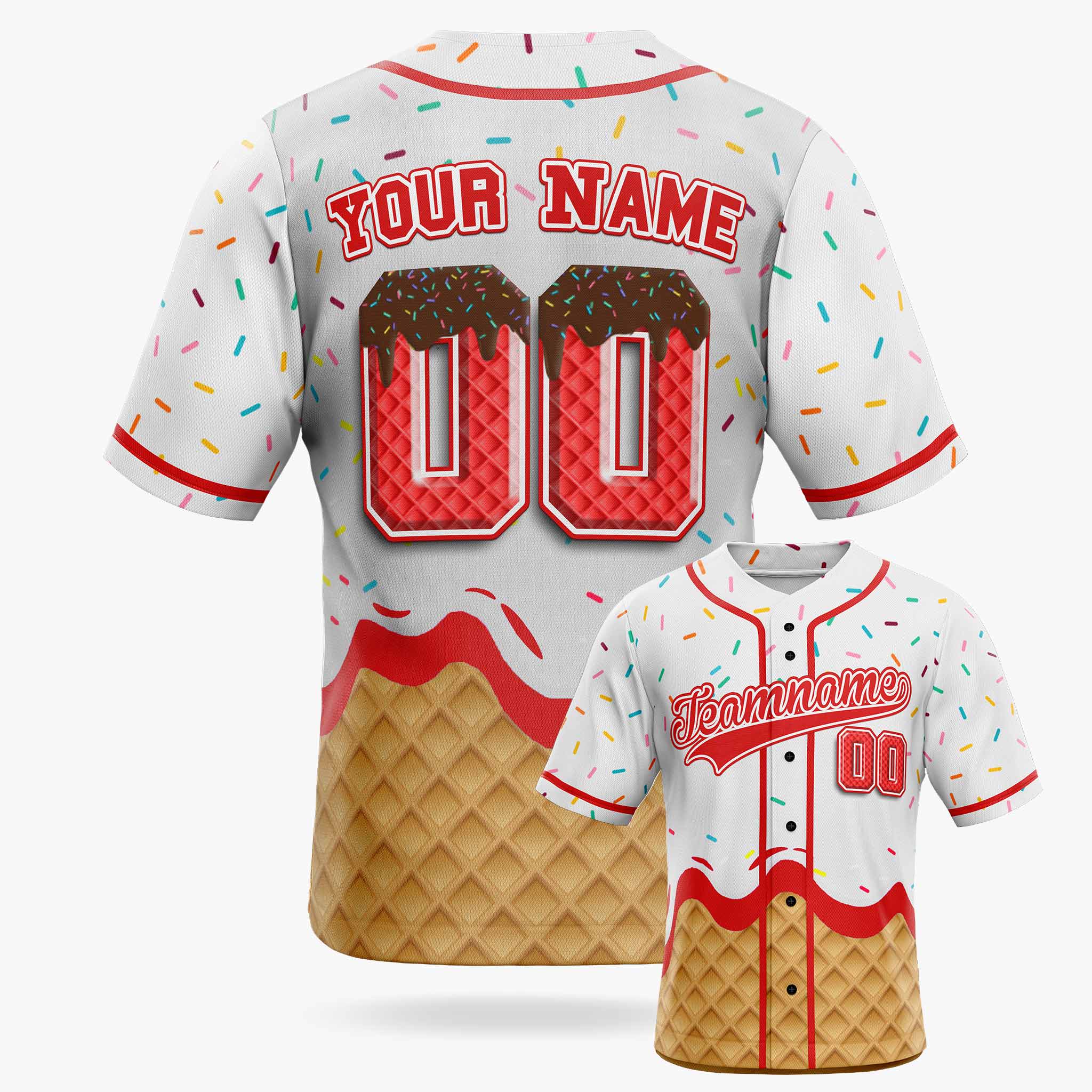 Custom Ice Cream Baseball Jersey White and Red with Piping - Design Your Own