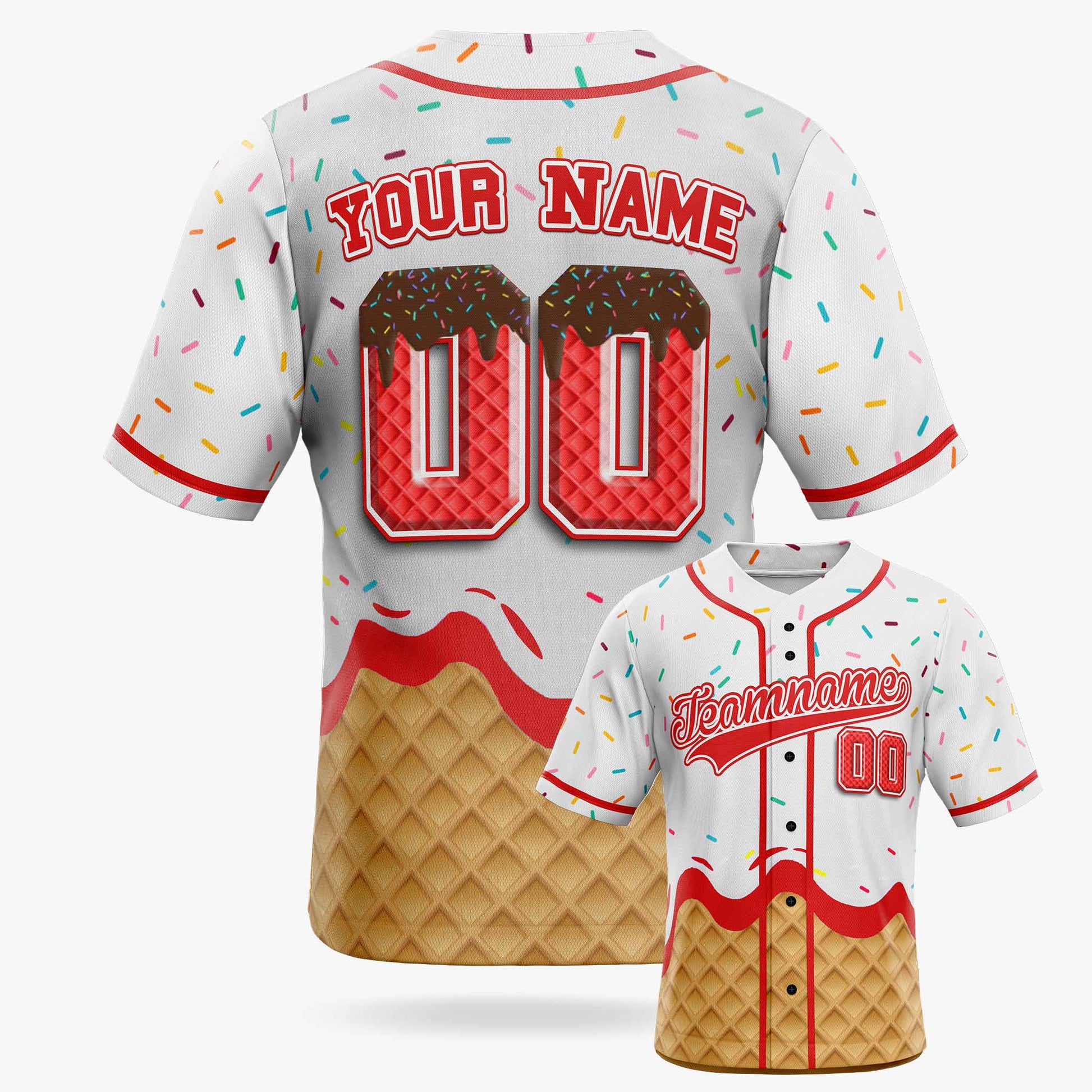 Custom Ice Cream Baseball Jersey White and Red with Piping - Design Your Own