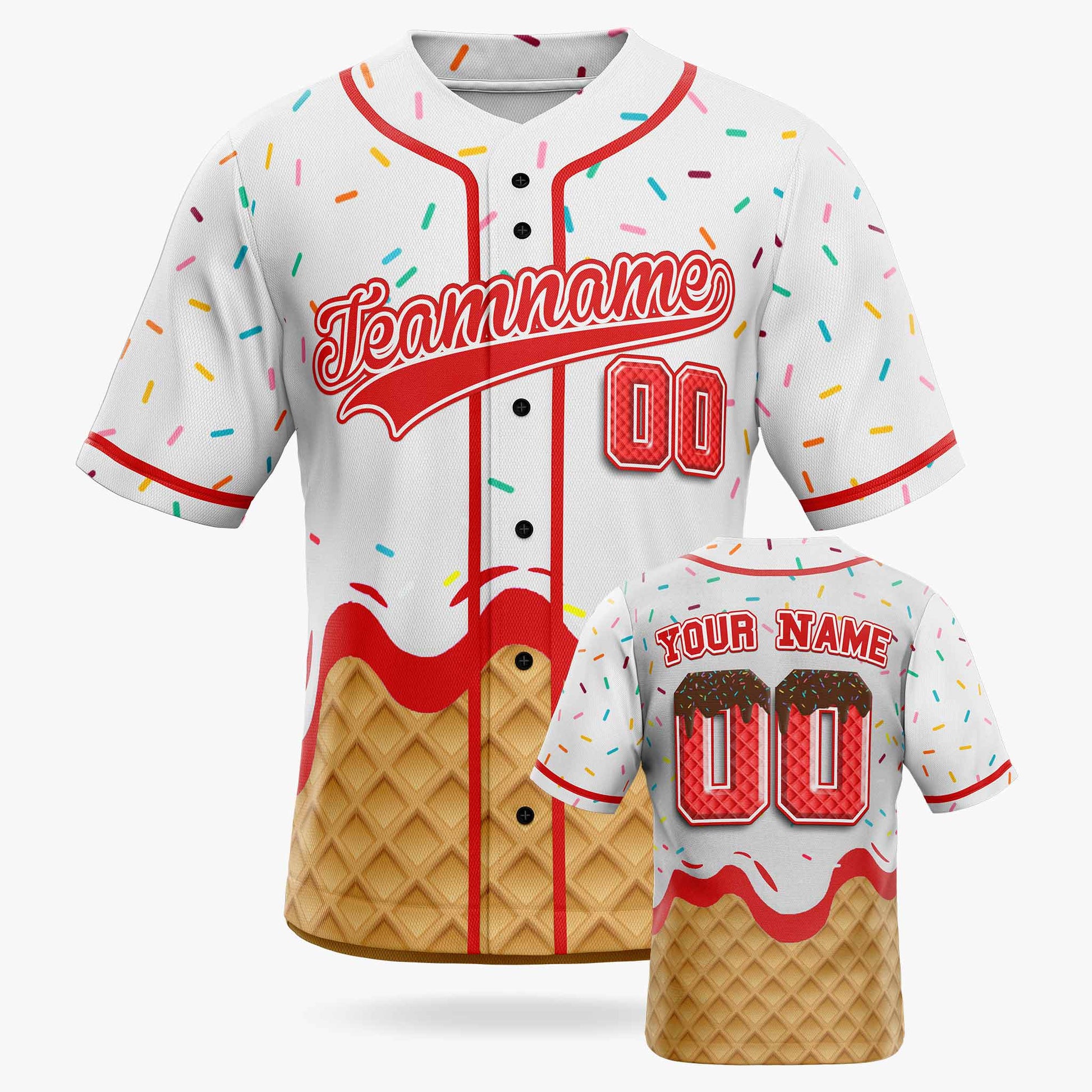 Custom Ice Cream Baseball Jersey White and Red with Piping - Design Your Own