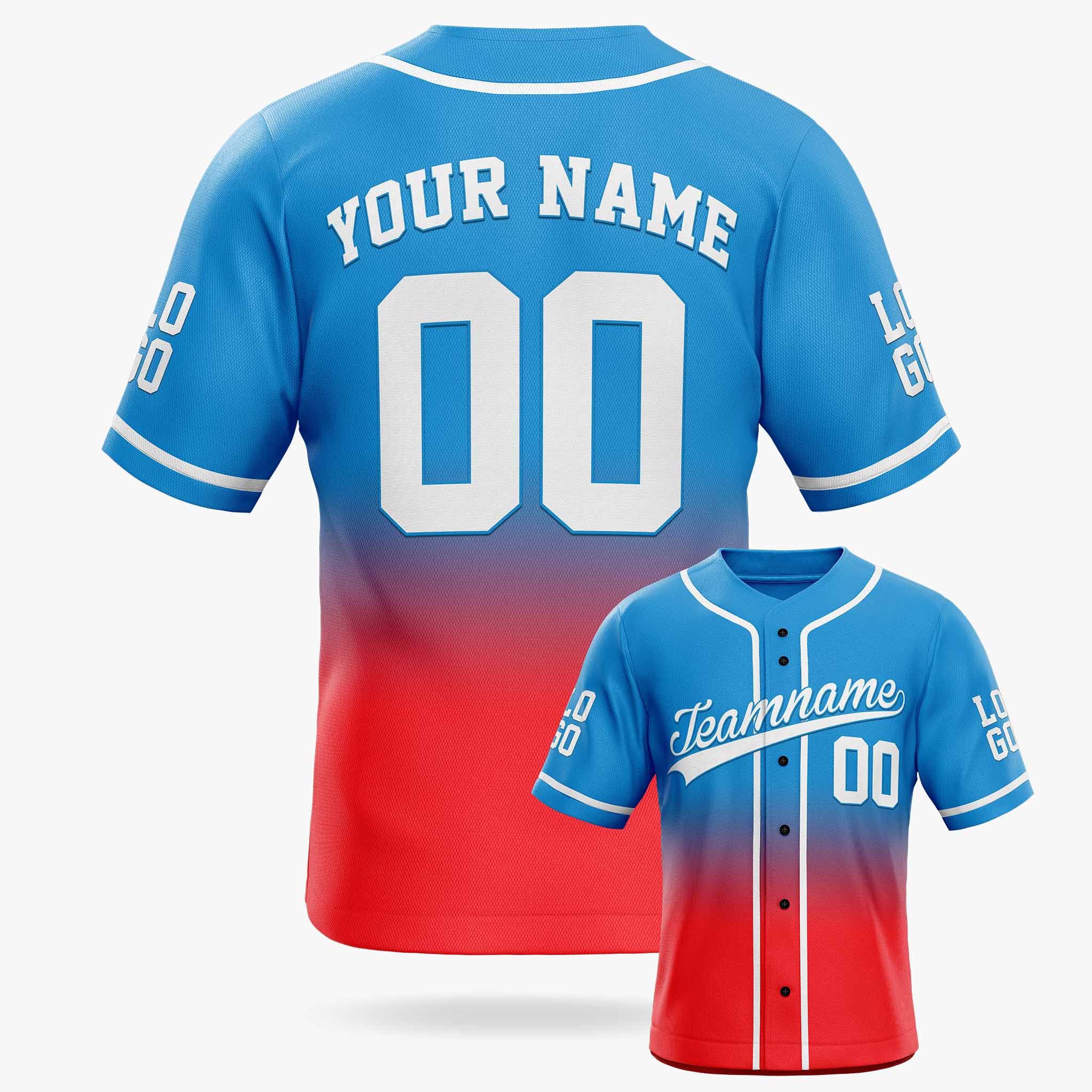 Custom Gradient Baseball Jersey Blue and Red With White Piping - Design Your Own