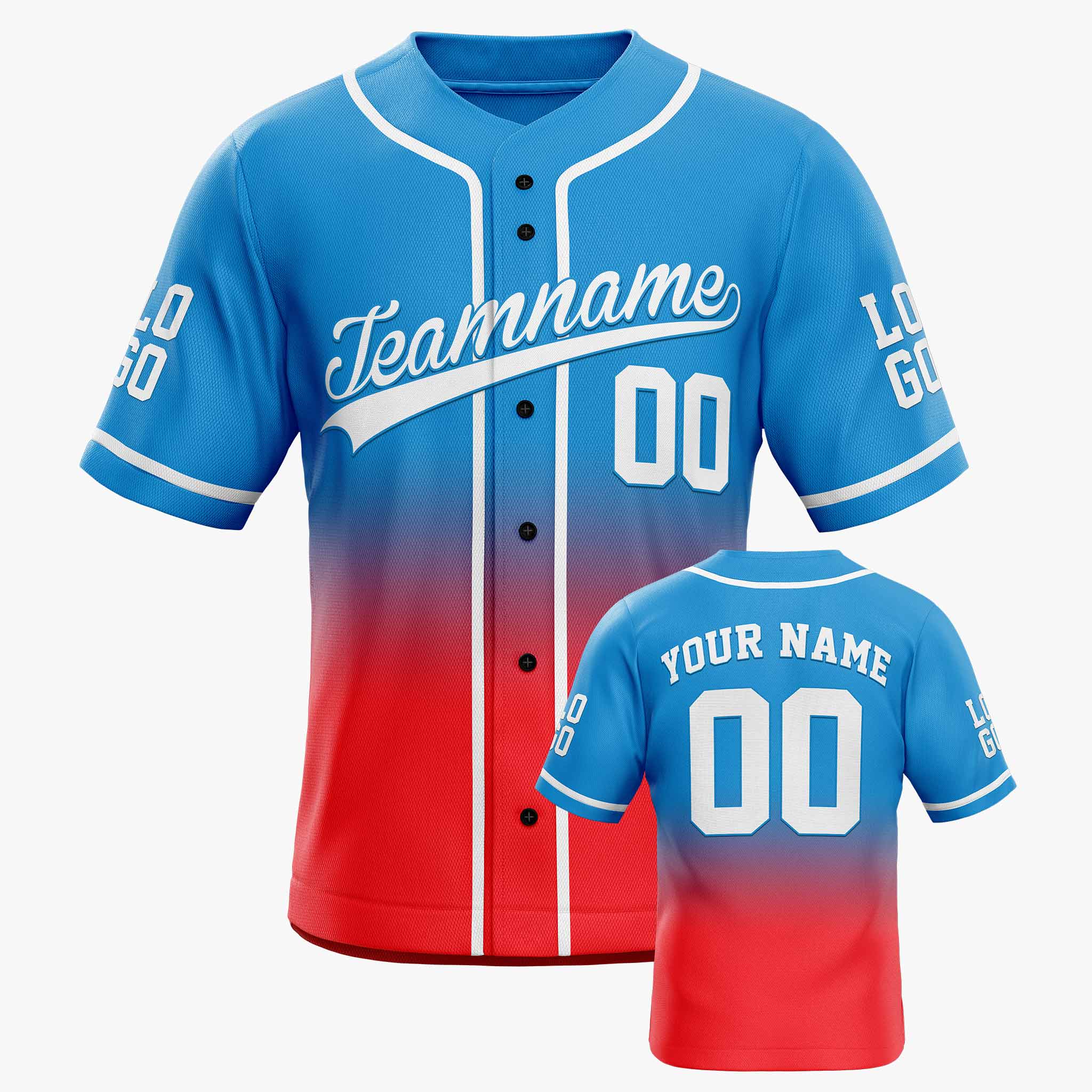 Custom Gradient Baseball Jersey Blue and Red With White Piping - Design Your Own