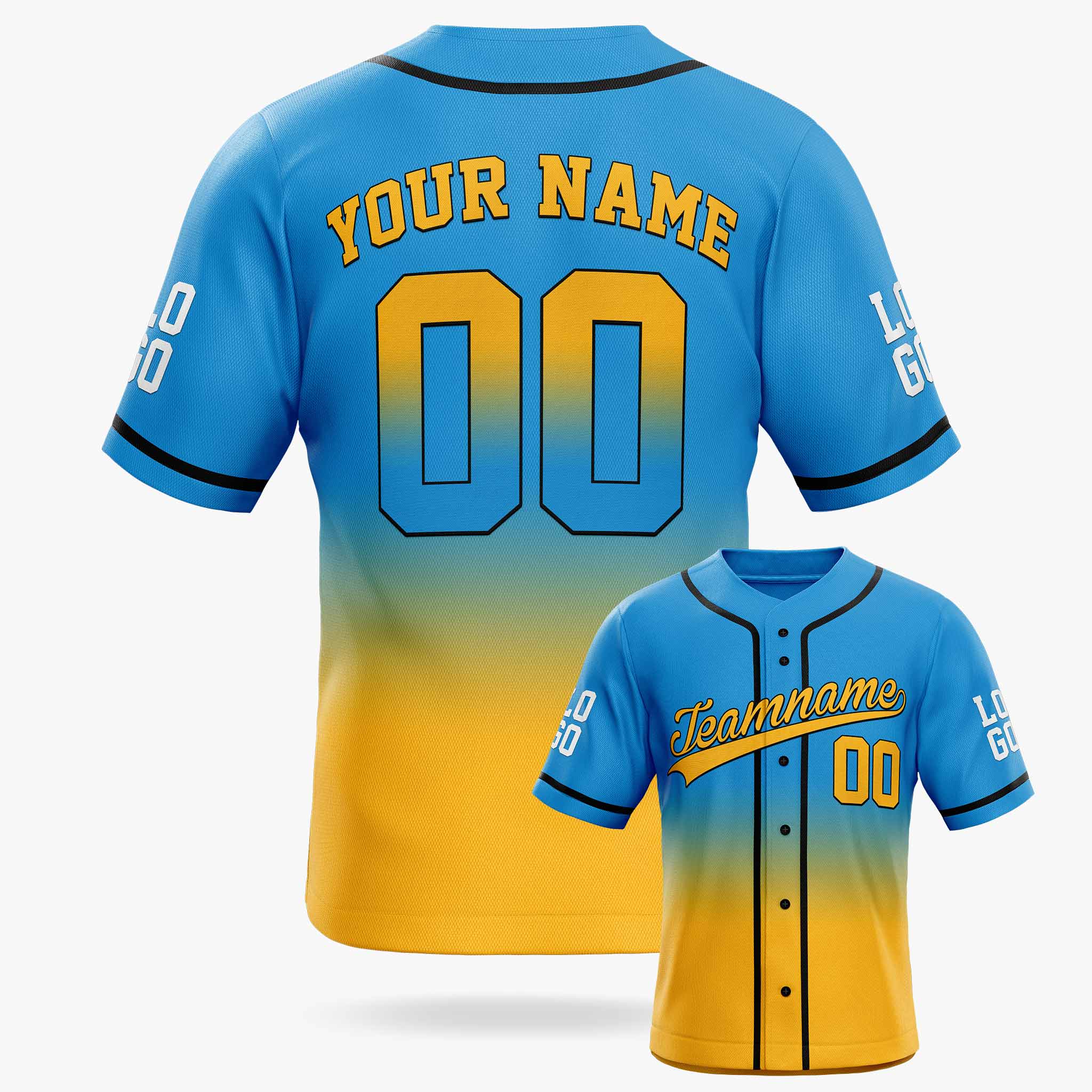 Custom Gradient Baseball Jersey Blue and Yellow With Black Piping - Design Your Own