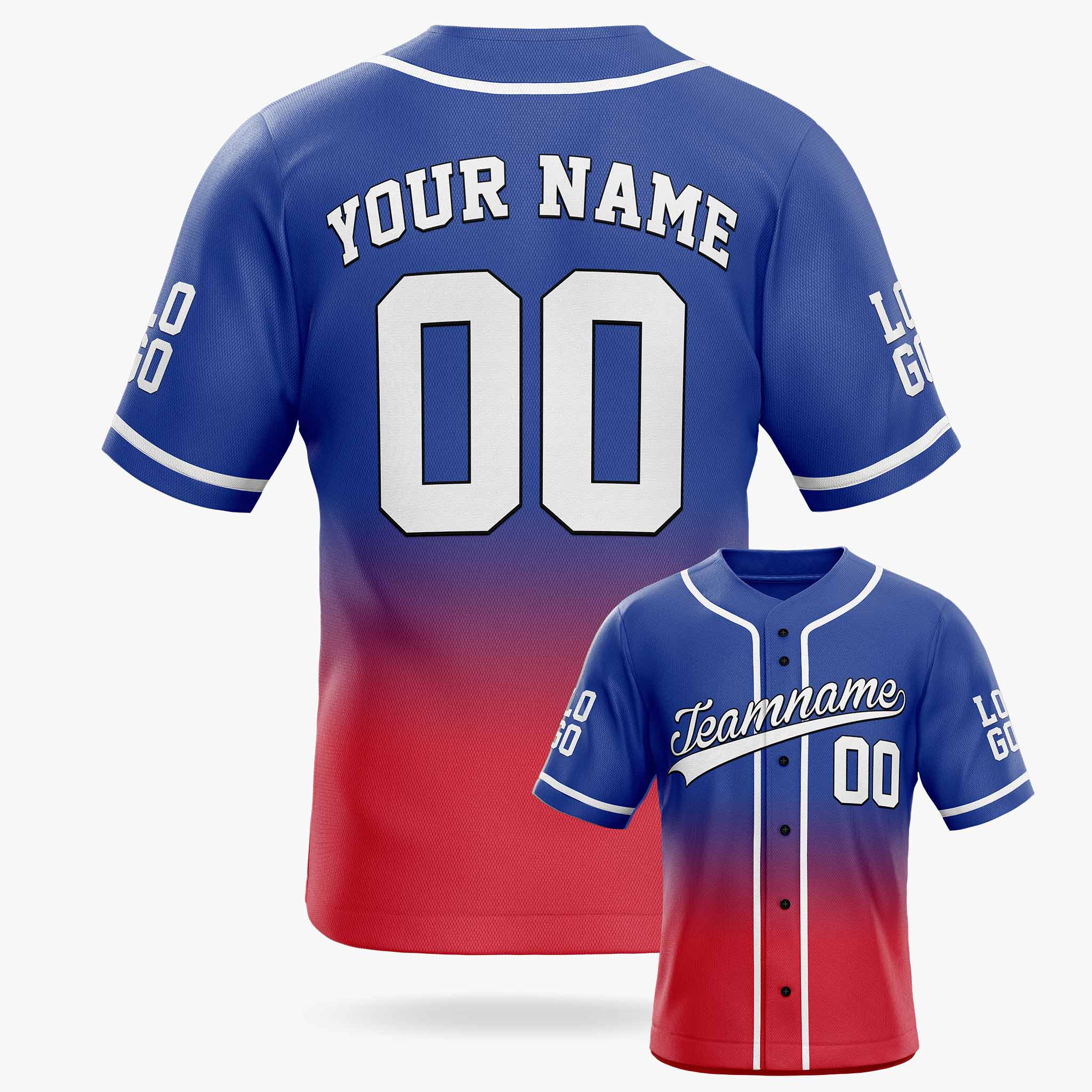 Custom Gradient Baseball Jersey Cobalt and Red With White Piping - Design Your Own