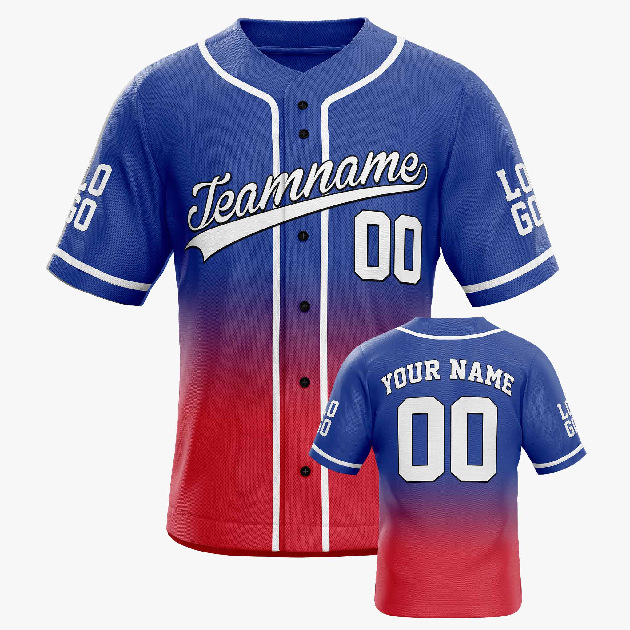 Custom Gradient Baseball Jersey Cobalt and Red With White Piping - Design Your Own