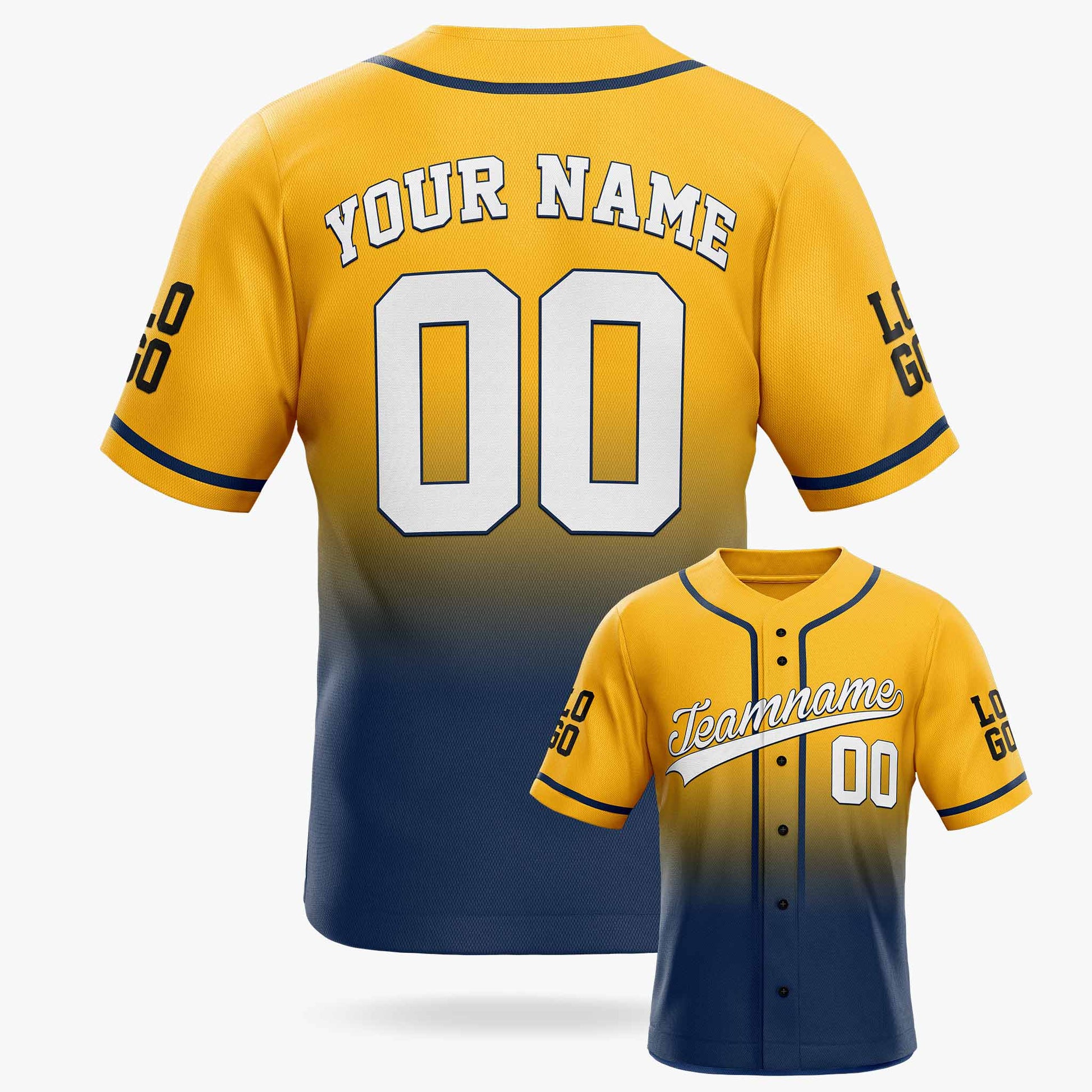 Custom Gradient Baseball Jersey Yellow and Navy With Piping - Design Your Own