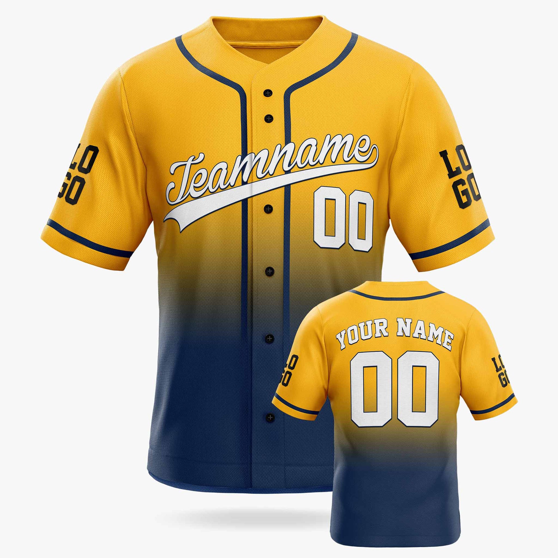 Custom Gradient Baseball Jersey Yellow and Navy With Piping - Design Your Own