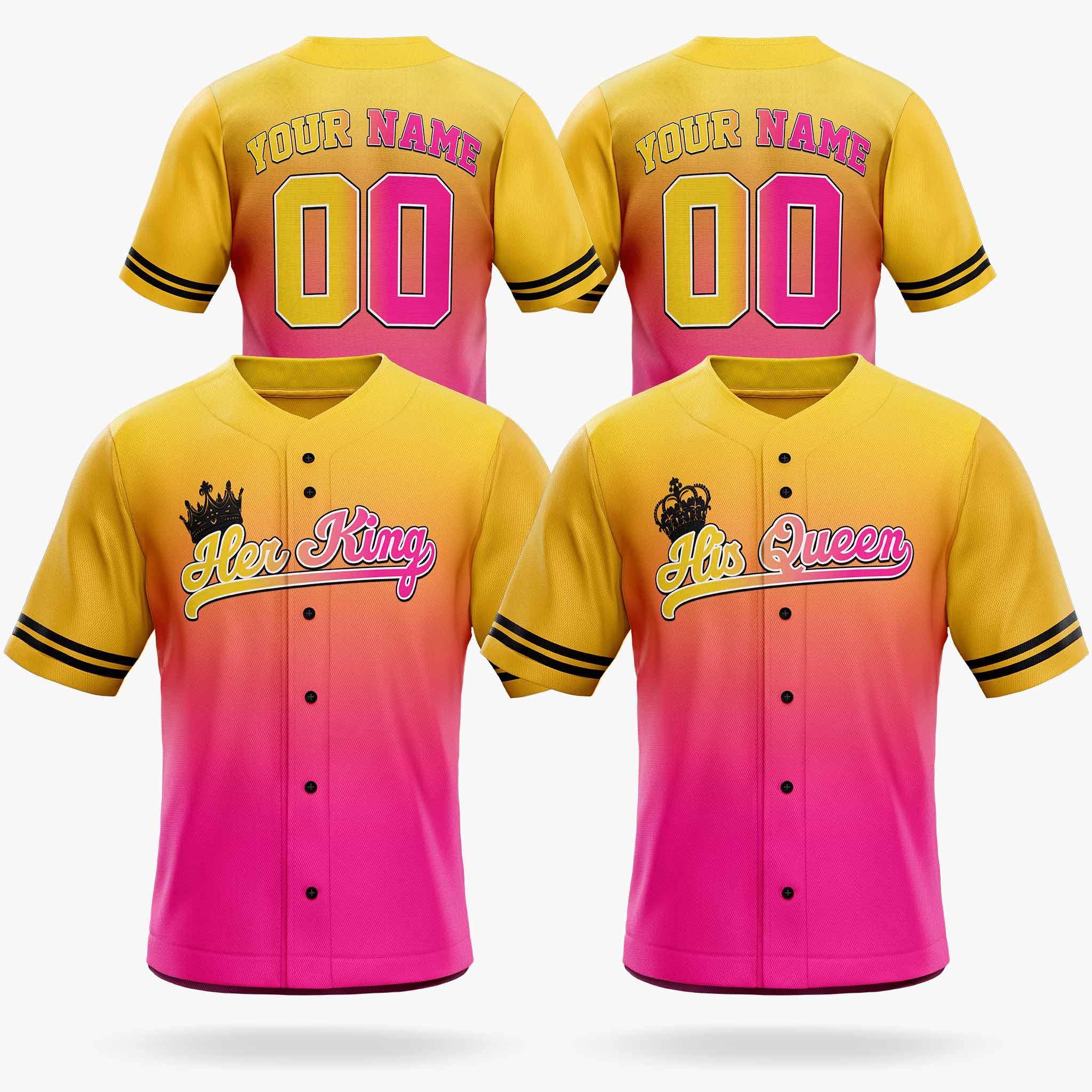Custom Matching Couple Jerseys Gradient Yellow and Pink - Her King and His Queen - Design Your Own