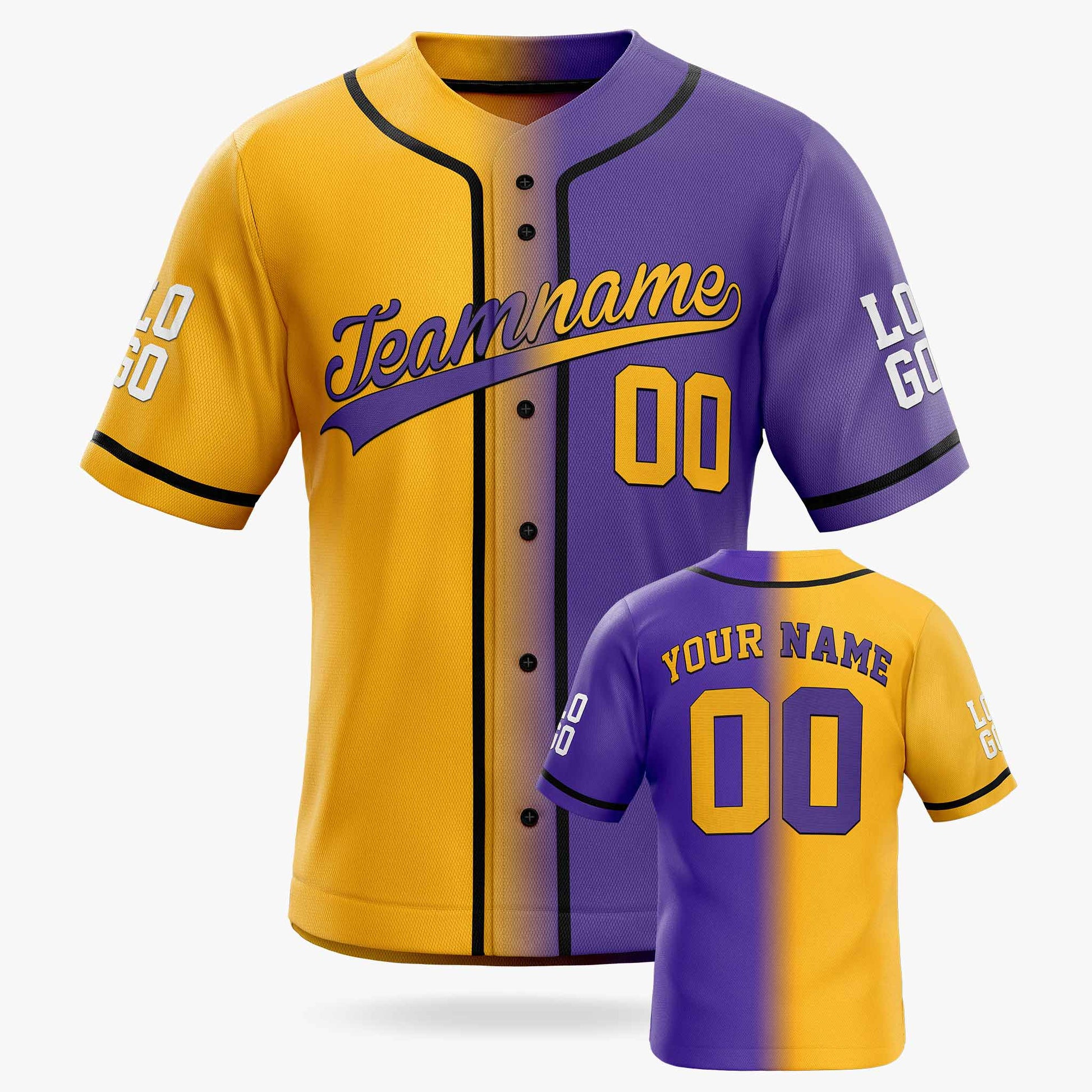 Custom Baseball Jersey Yellow and Purple With Black Piping - Design Your Own