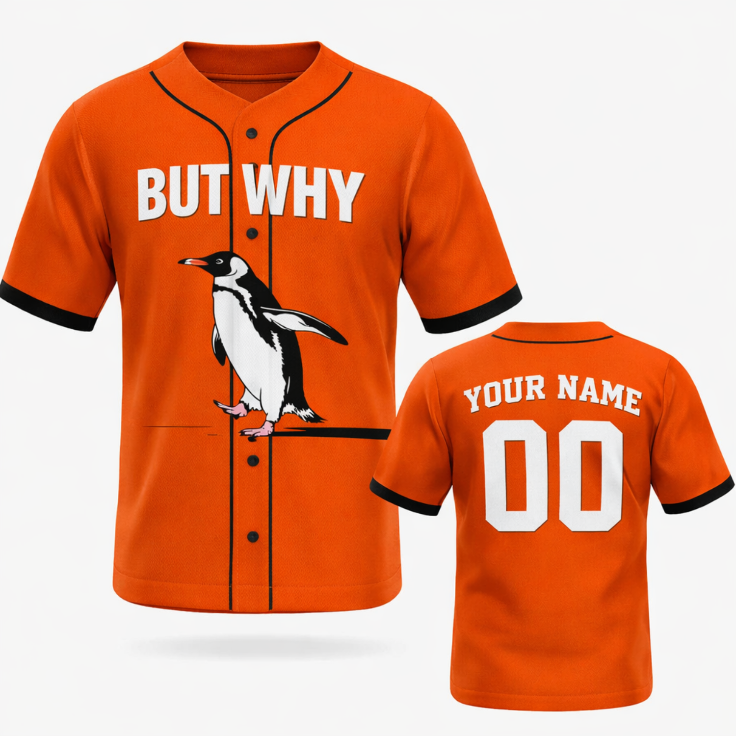 Custom Baseball Jersey – But Why Penguin Meme – Add Your Name and Number