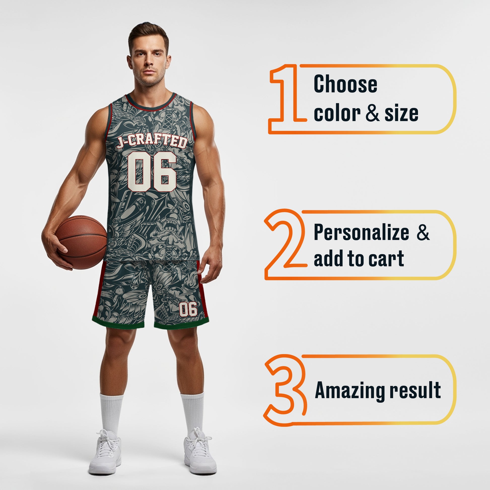 Custom Pattern Basketball Jersey Timber Green Red and Cream - Design Your Own