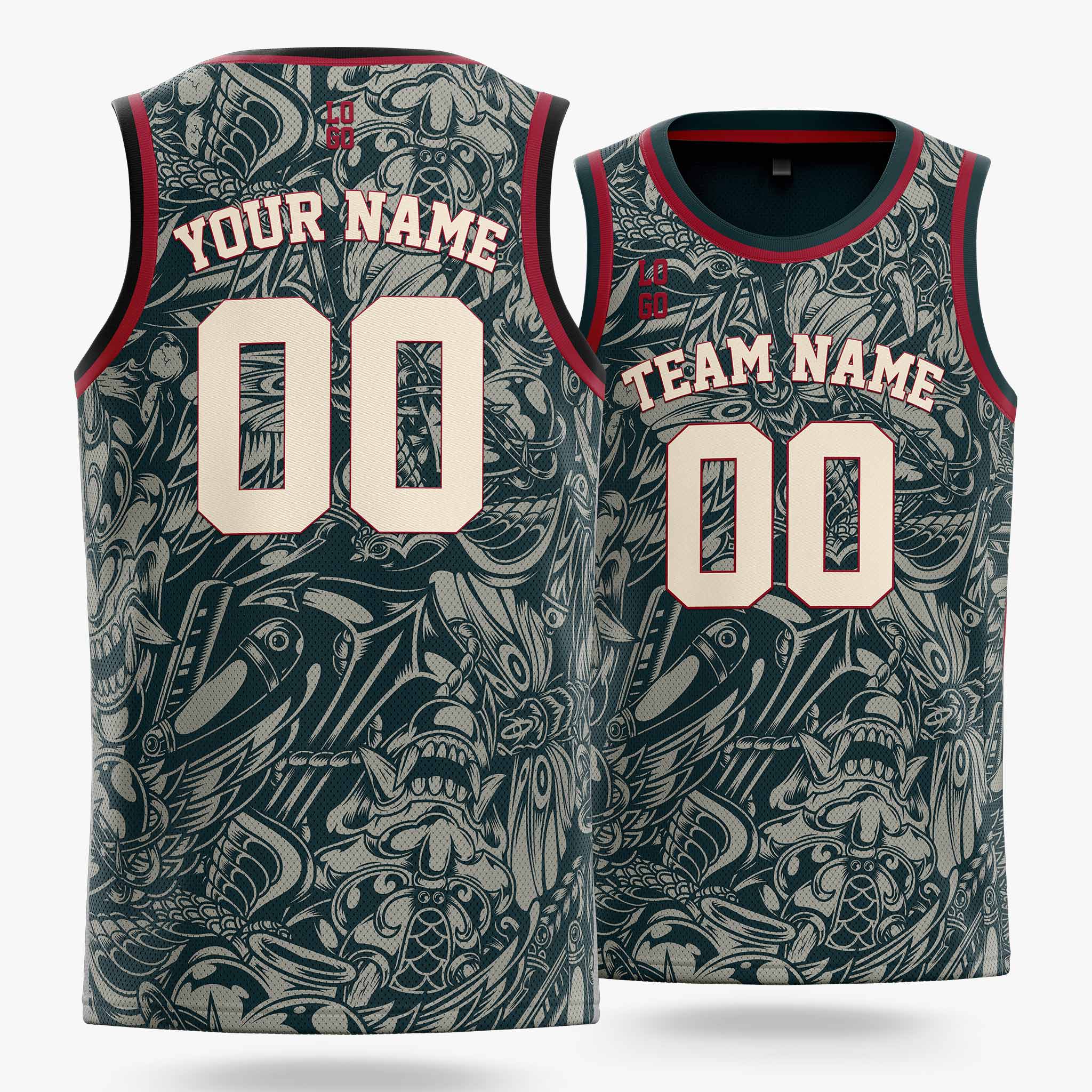 Custom Pattern Basketball Jersey Timber Green Red and Cream - Design Your Own