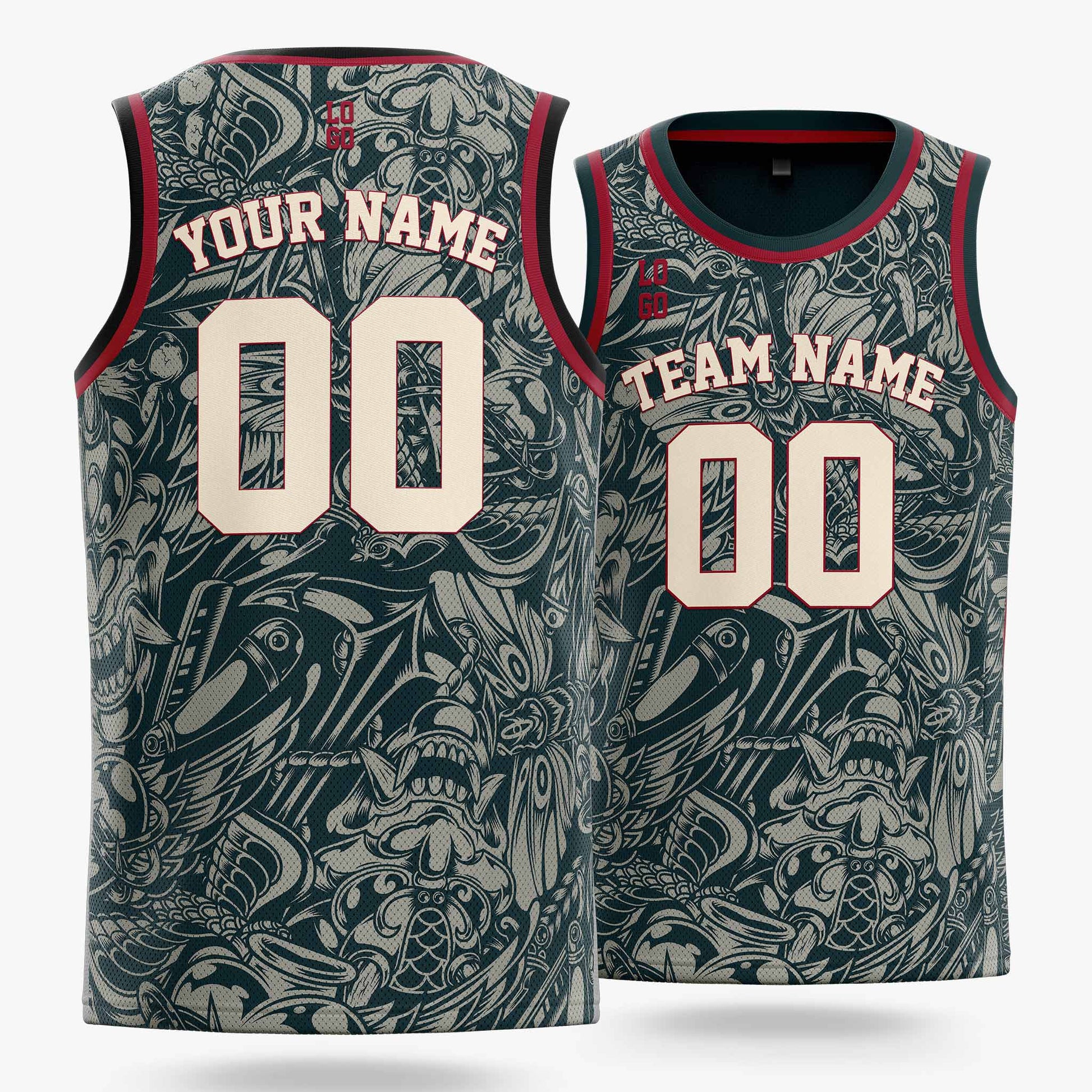 Custom Pattern Basketball Jersey Timber Green Red and Cream - Design Your Own