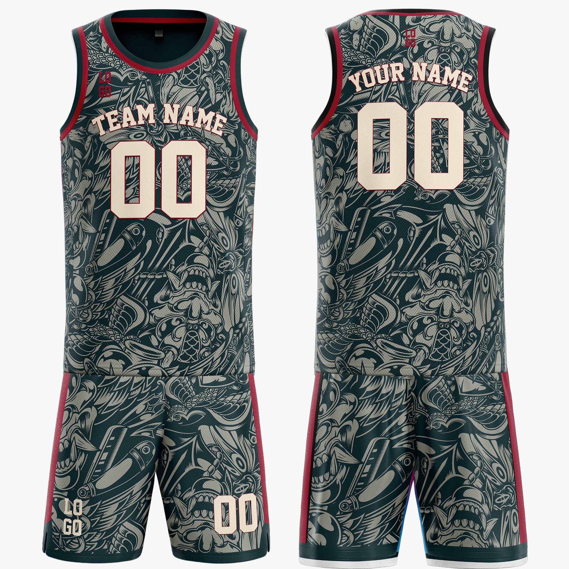 Custom Pattern Basketball Jersey Timber Green Red and Cream - Design Your Own