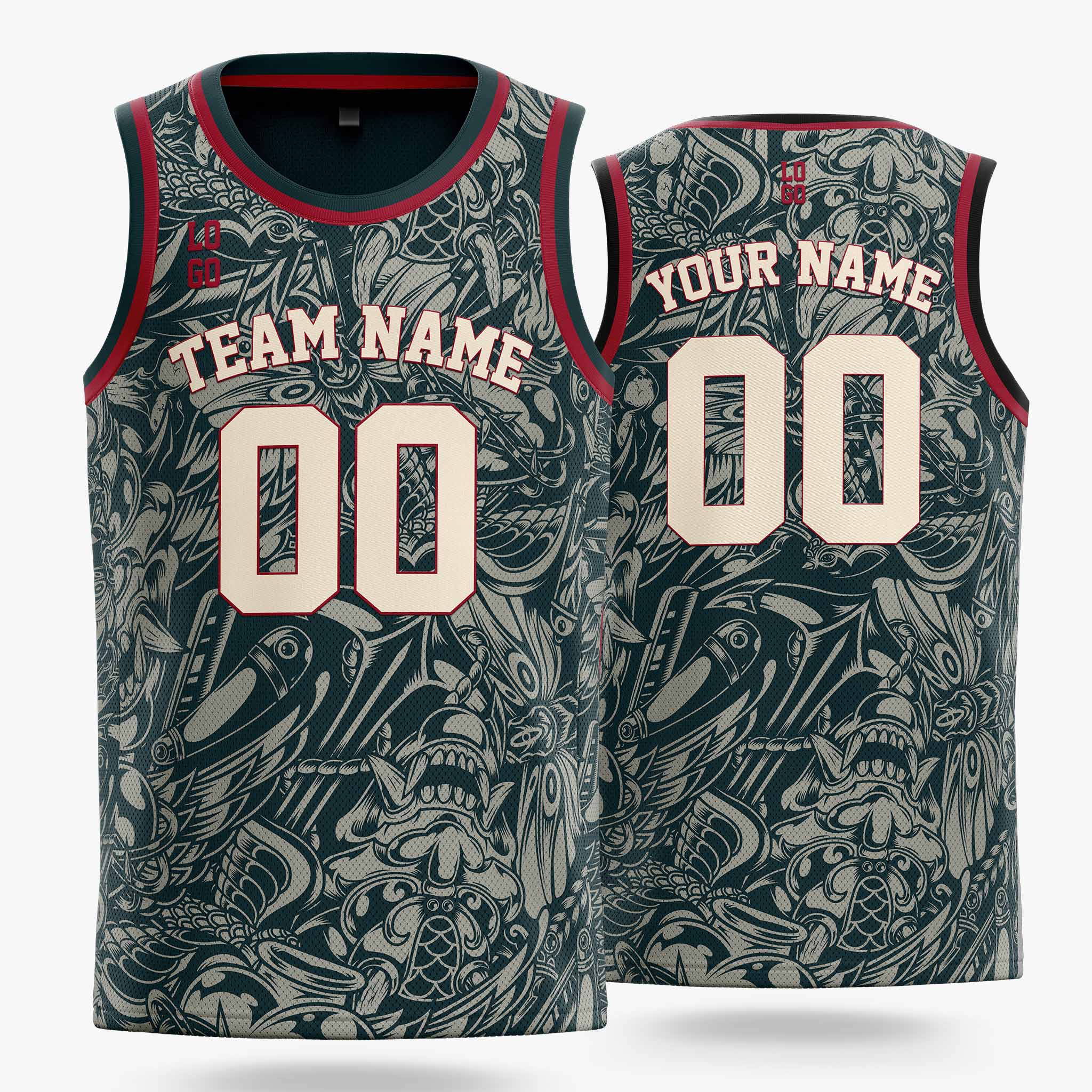 Custom Pattern Basketball Jersey Timber Green Red and Cream - Design Your Own