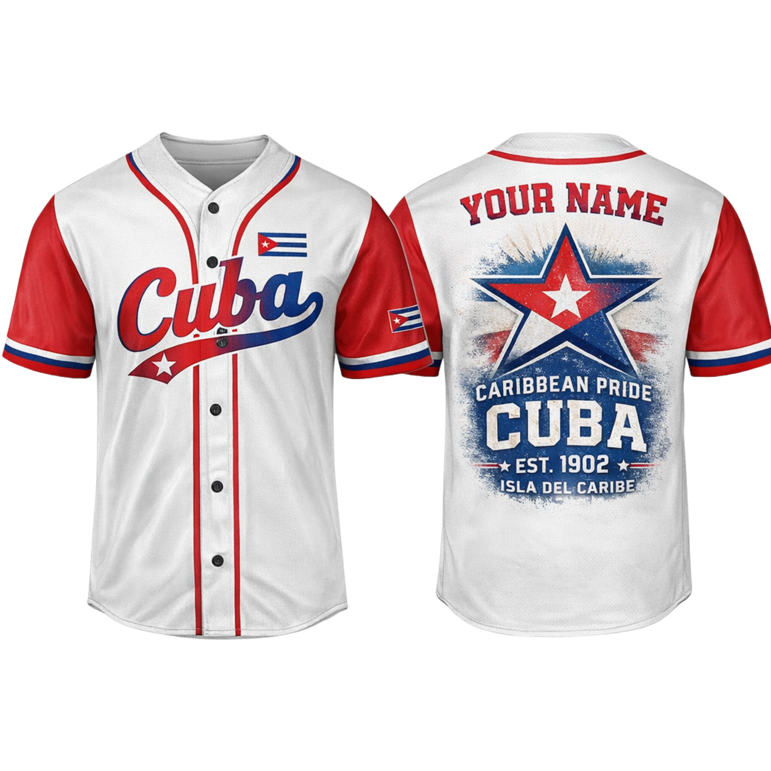 Custom Cuba Baseball Jersey White and Red with Flag Design - Add Your Name