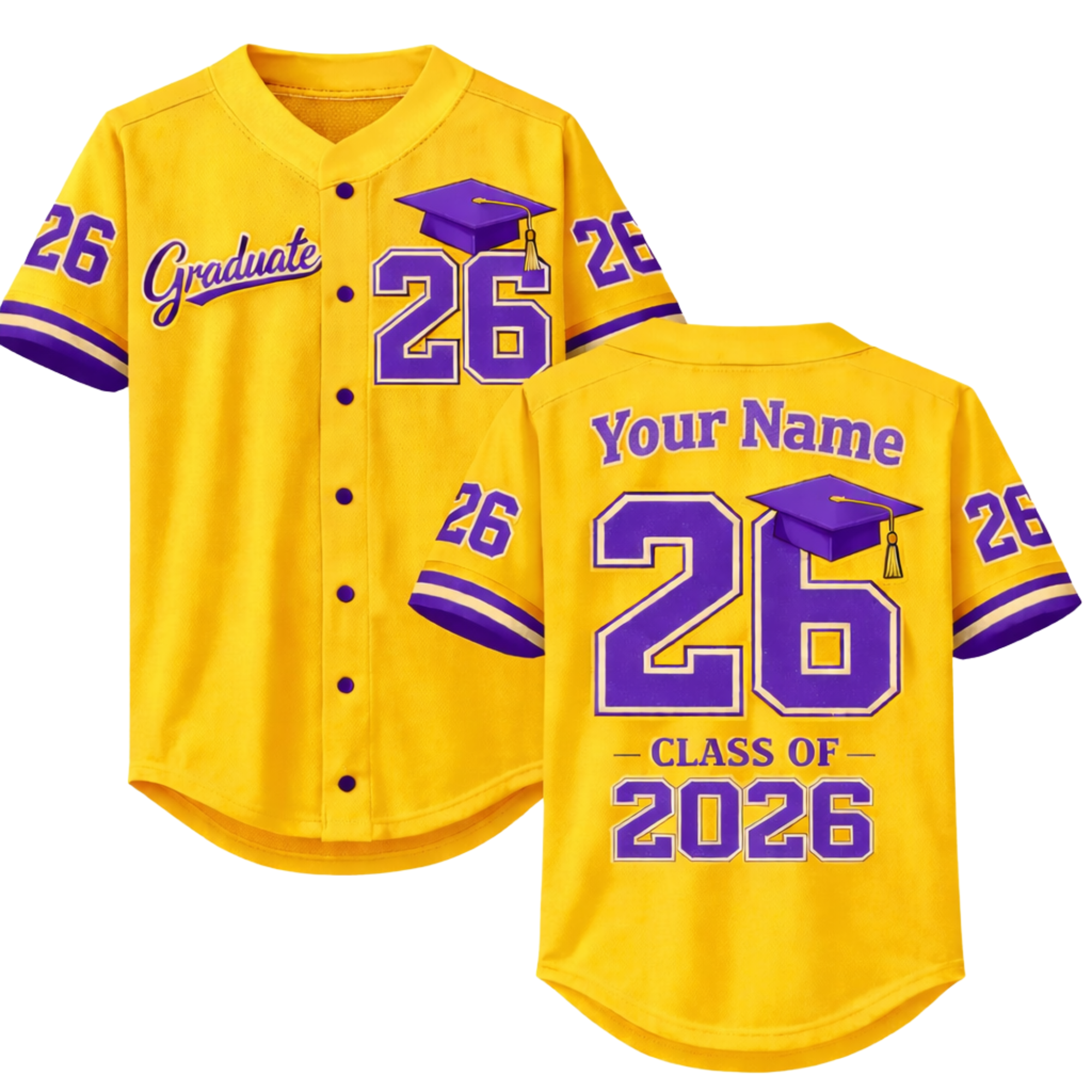 Custom Graduation Baseball Jersey Gold and Purple - Add Your Name and Number